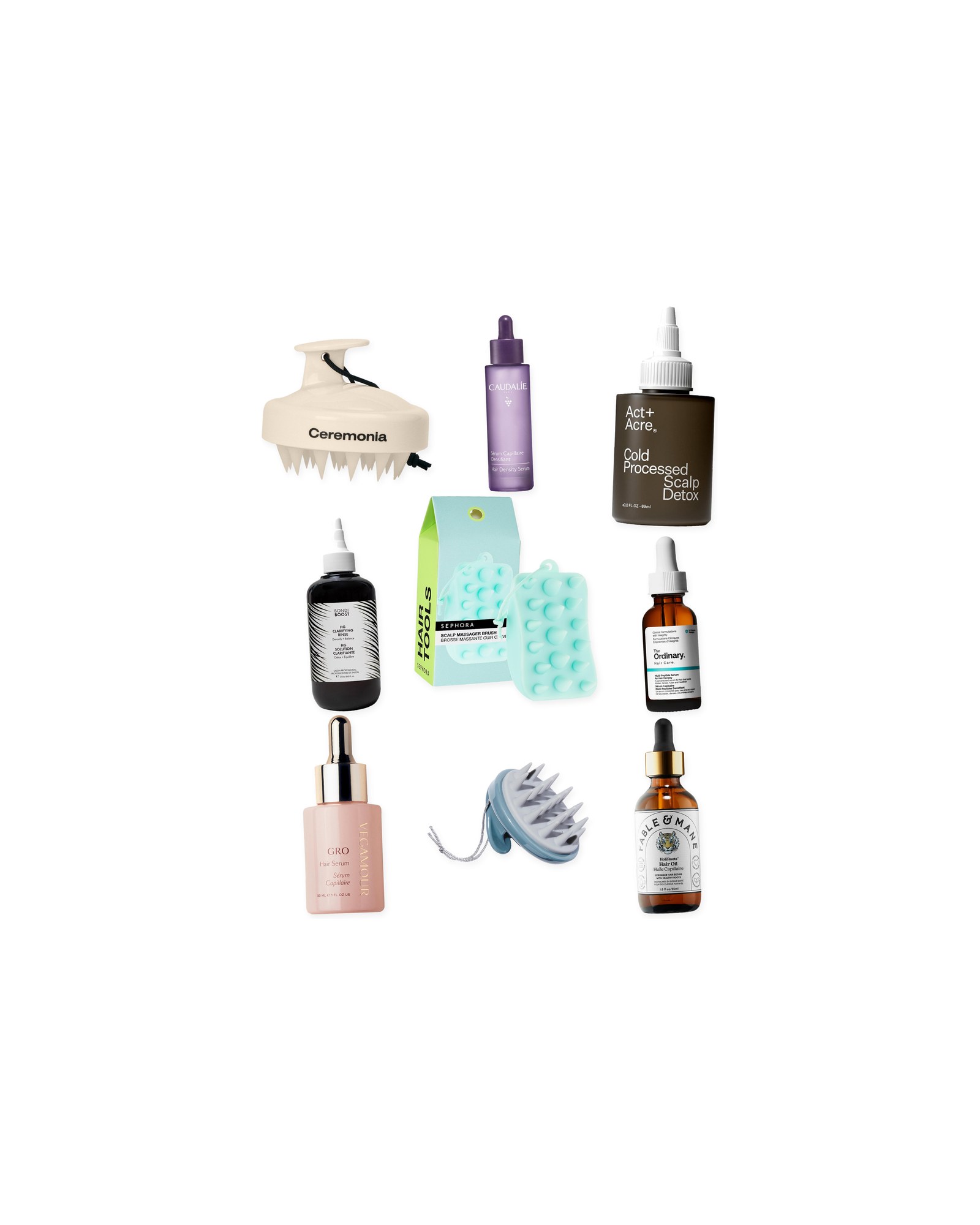 Collage on a white background showing Fable & Mane HoliRoots™ Pre-Wash Scalp & Hair Treatment Oil, Vegamour GRO Hair Serum for Thinning Hair, Briogeo Scalp Revival™ Stimulating Therapy Massager, Act+Acre Cold Processed Scalp Detox Oil For Dry Scalp, Caudalie Hair Density Serum for All Types of Hair Thinning with Soothing Peptides, Ceremonia Scalp Massager, BondiBoost HG Clarifying Pre-Wash Treatment with Lactic Acid and Rosemary, The Ordinary Multi-Peptide Serum for Hair Density for Thicker, Fuller Looking Hair and Sephora Collection Silicone Scalp Massager.