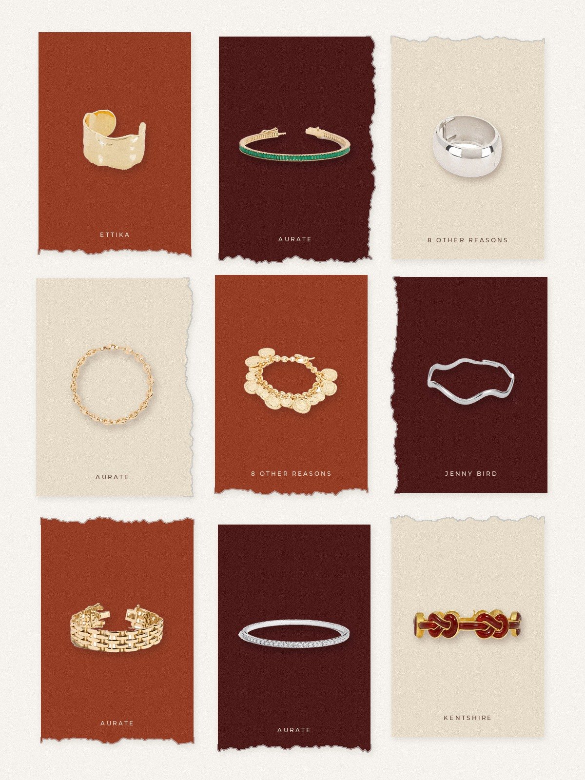 Torn-paper collage of nine bracelets from this edit: Aurate New York 4ct Lab Grown Diamond Flex Tennis, Green Emerald Baguette Tennis, Puffed Mariner Chain and Panther Chain Link bracelets, the Ettika Thick Sculpted Cuff, 8 Other Reasons Cleo Cuff and Coined Charm Bracelet, the Jenny Bird Ola Arm Cuff and the Kentshire Angela Cummings carnelian knot bracelet.