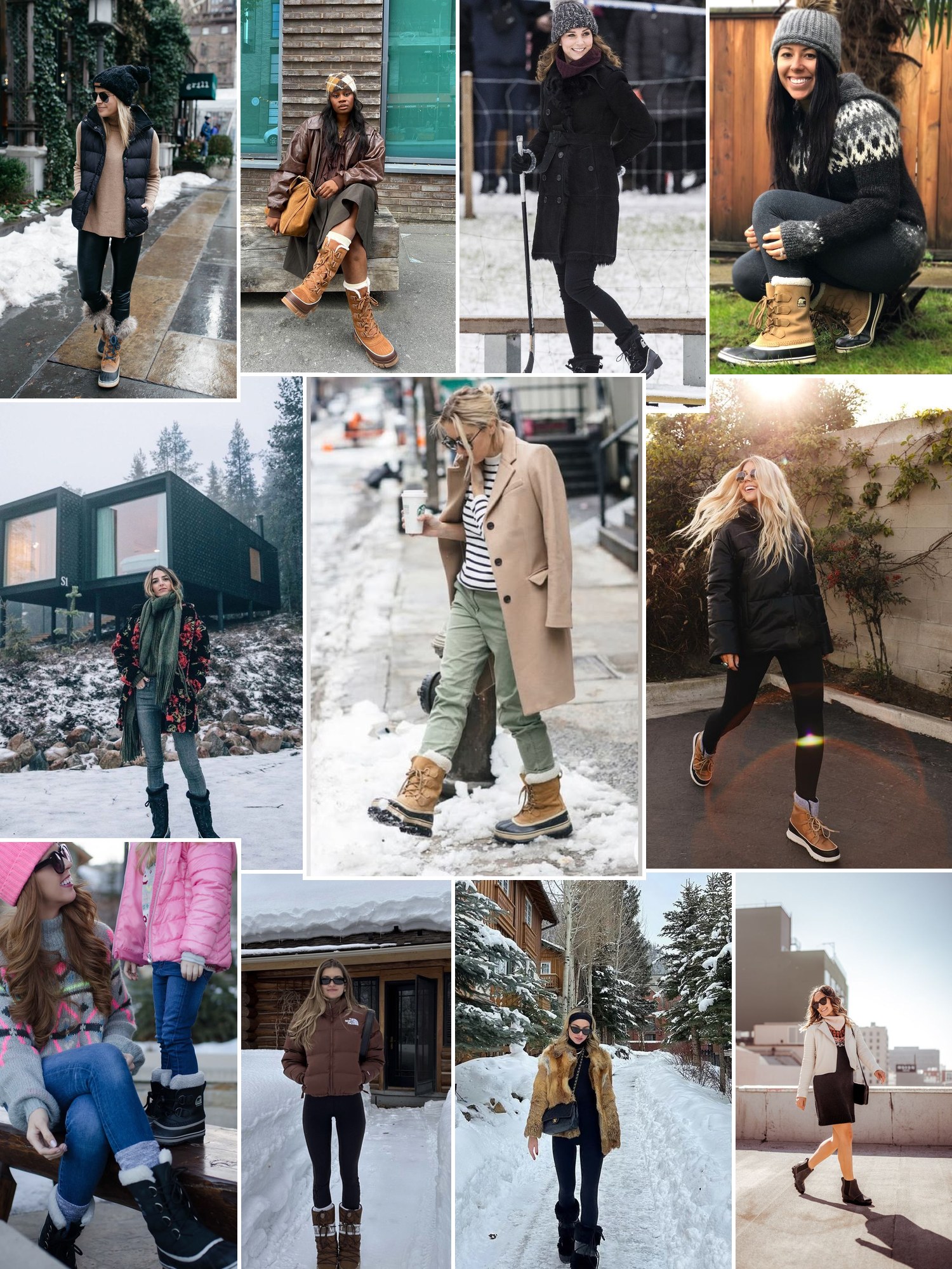 Street style collage of women wearing Sorel boots