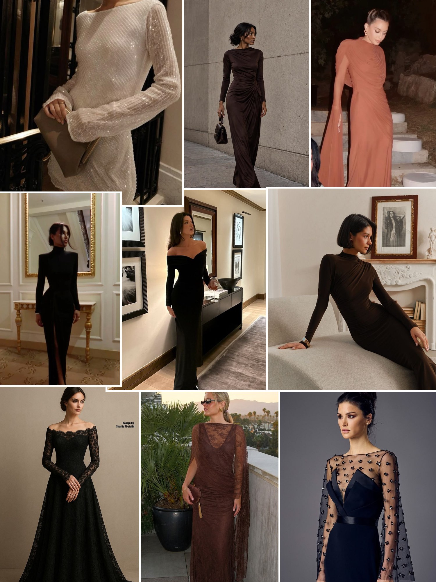 Collage of everyday outfits built around long sleeve formal dresses