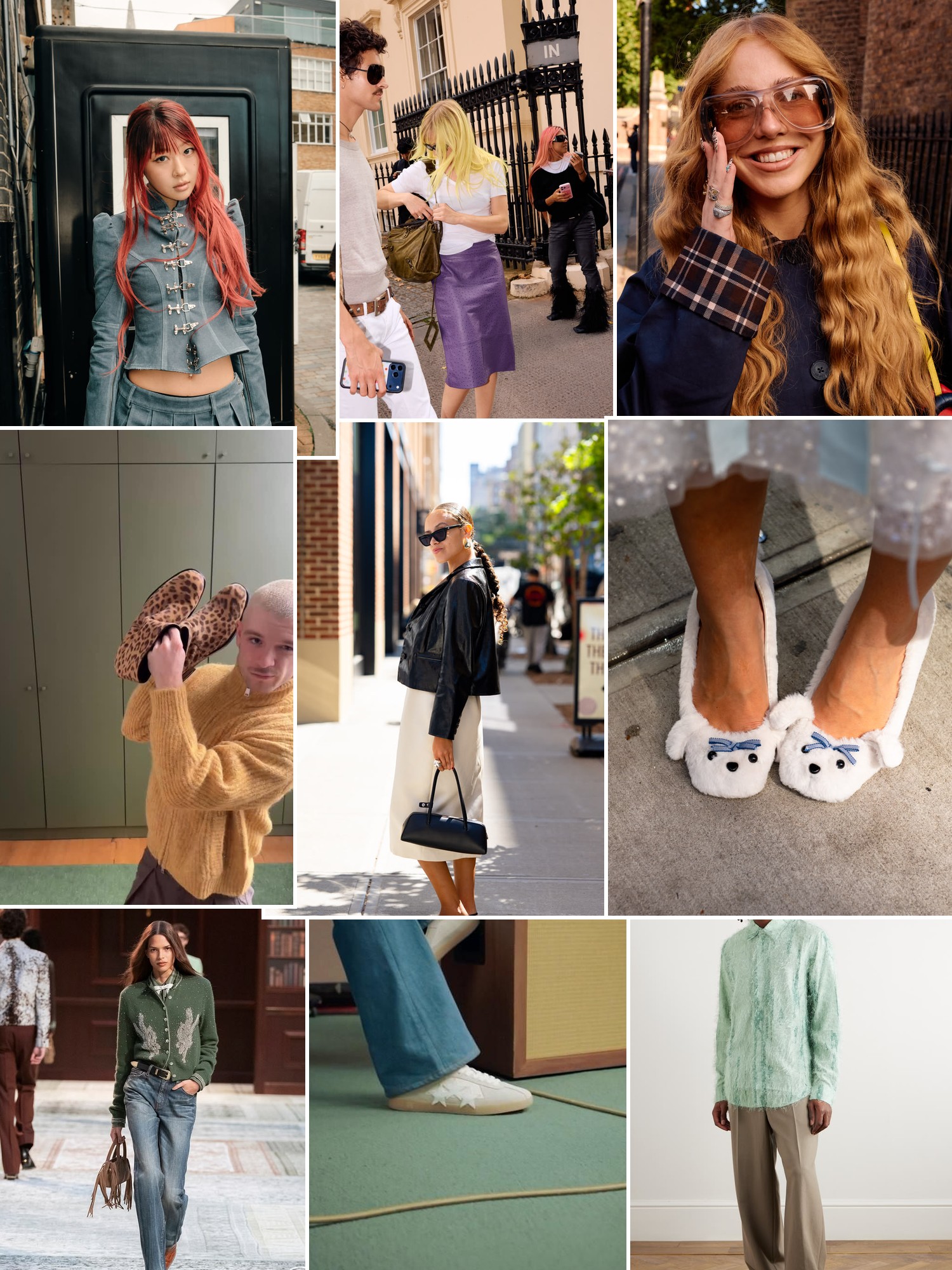 Collage of street style with denim, layered knitwear, statement jackets, relaxed separates, and casual details.