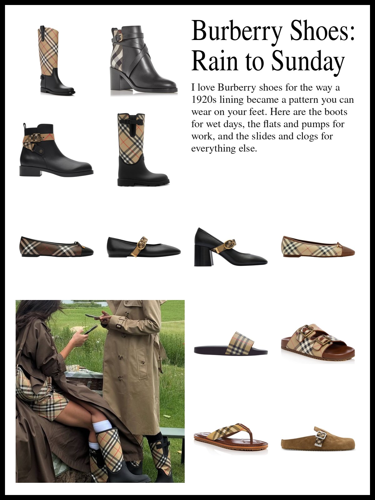 Collage of Burberry rain boots and leather ankle boots, check ballet flats and low pumps, and check slides and clogs, and a mood photo of two women in long coats and check rain boots sitting on the grass.