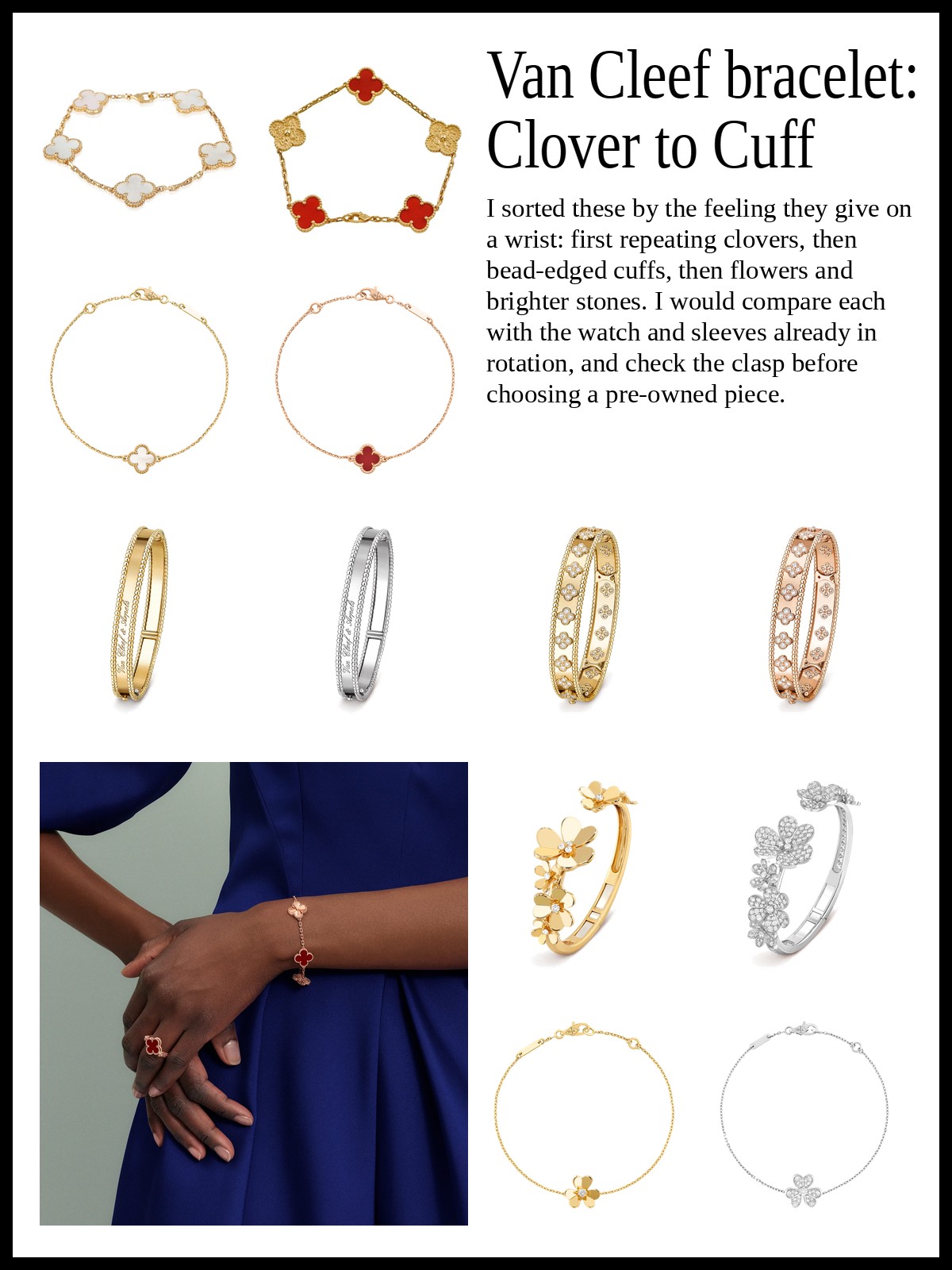 Collage of clover and Alhambra bracelets, beaded cuffs and signature bracelets, and floral, diamond and statement bracelets, plus a mood photo of a bracelet on an arm against a blue dress