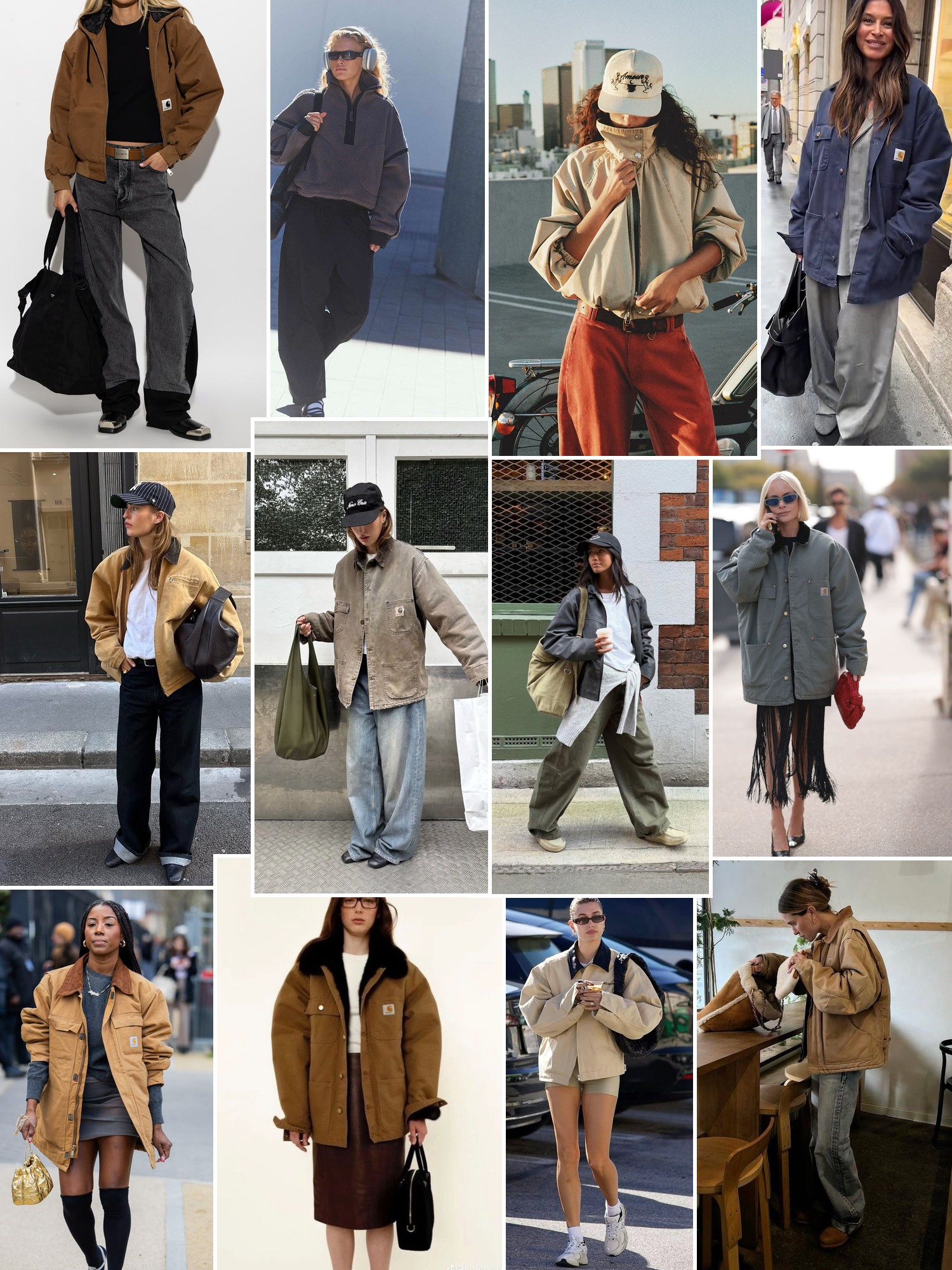 Collage of casual workwear looks with chore jackets, relaxed trousers, and street style layers