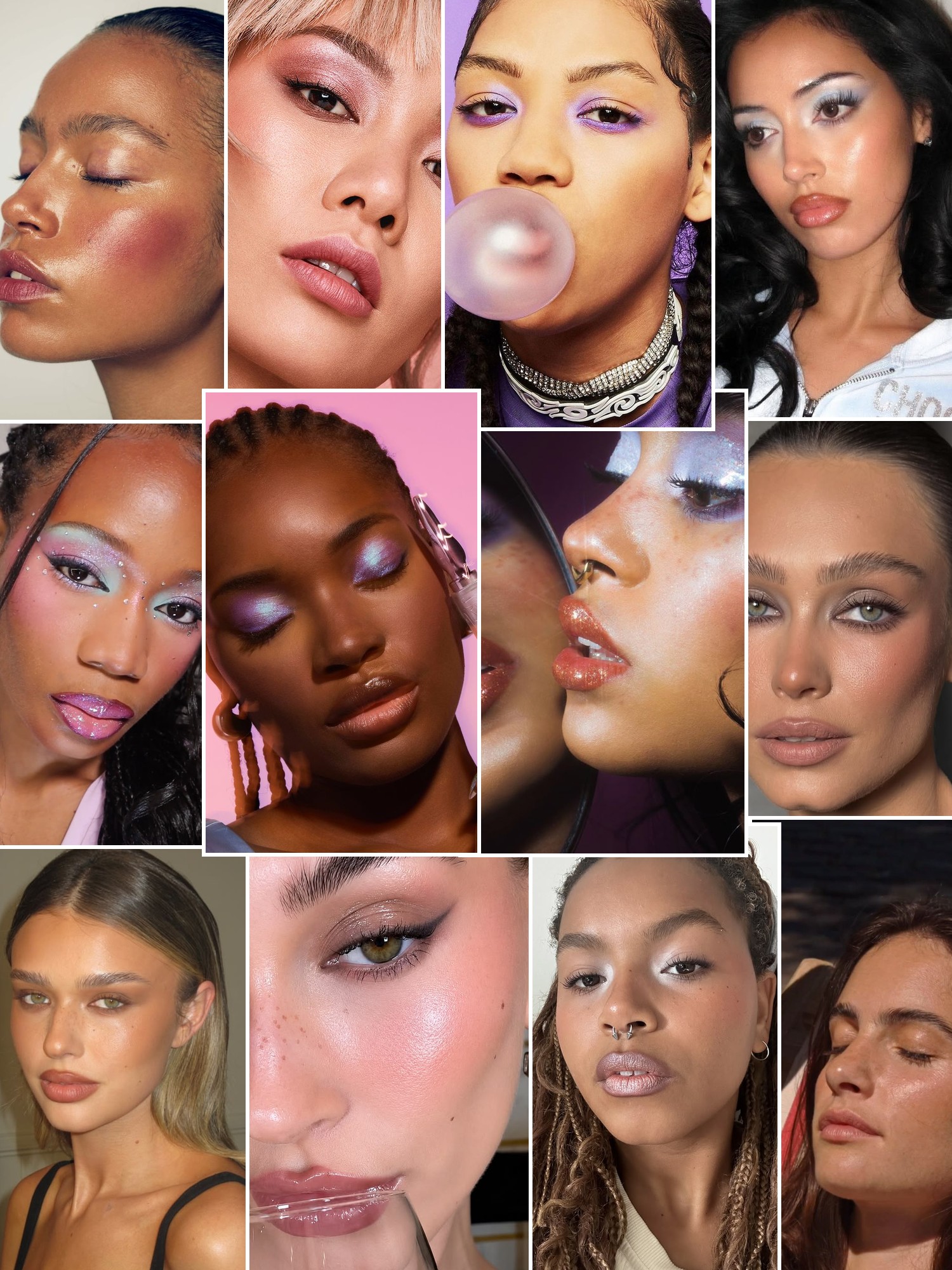 Collage of beauty portraits with graphic eyeliner, glossy lips, soft skin and colorful editorial makeup