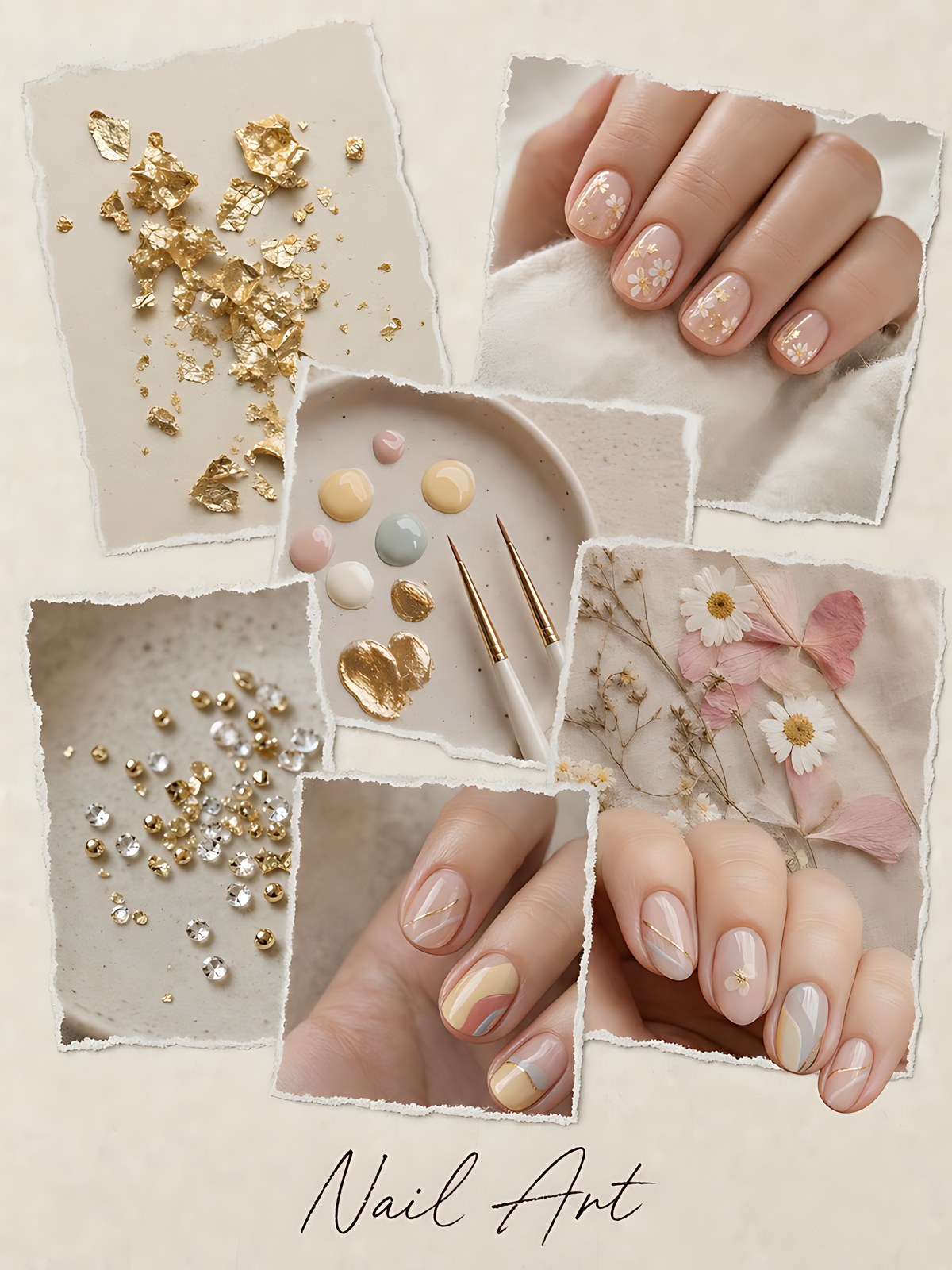 Mood board of nail art: gold leaf, a paint palette, pressed flowers, rhinestones, and floral and swirl manicures