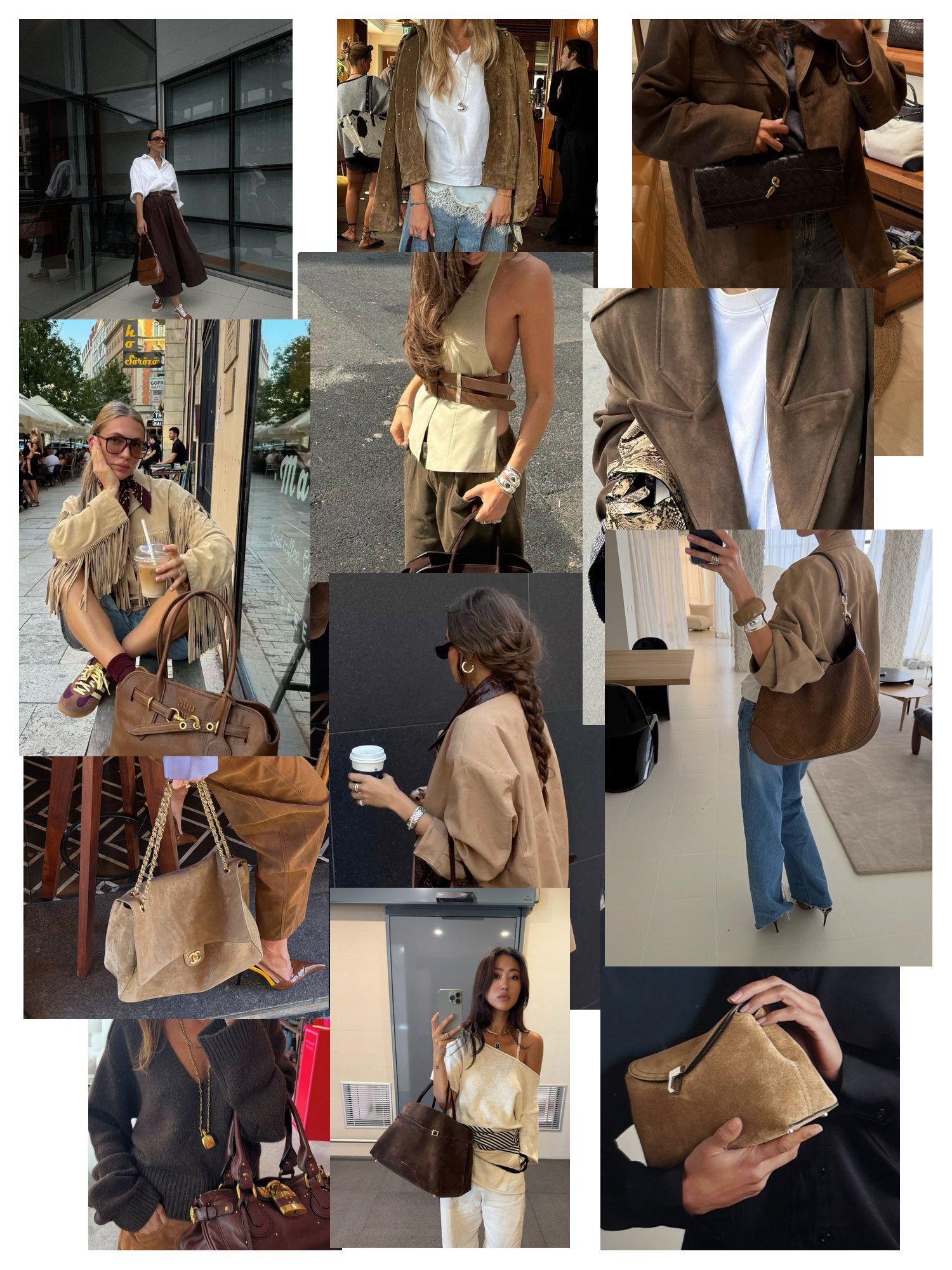Street-style collage of 12 outfit photos featuring brown suede bag, scattered and overlapping