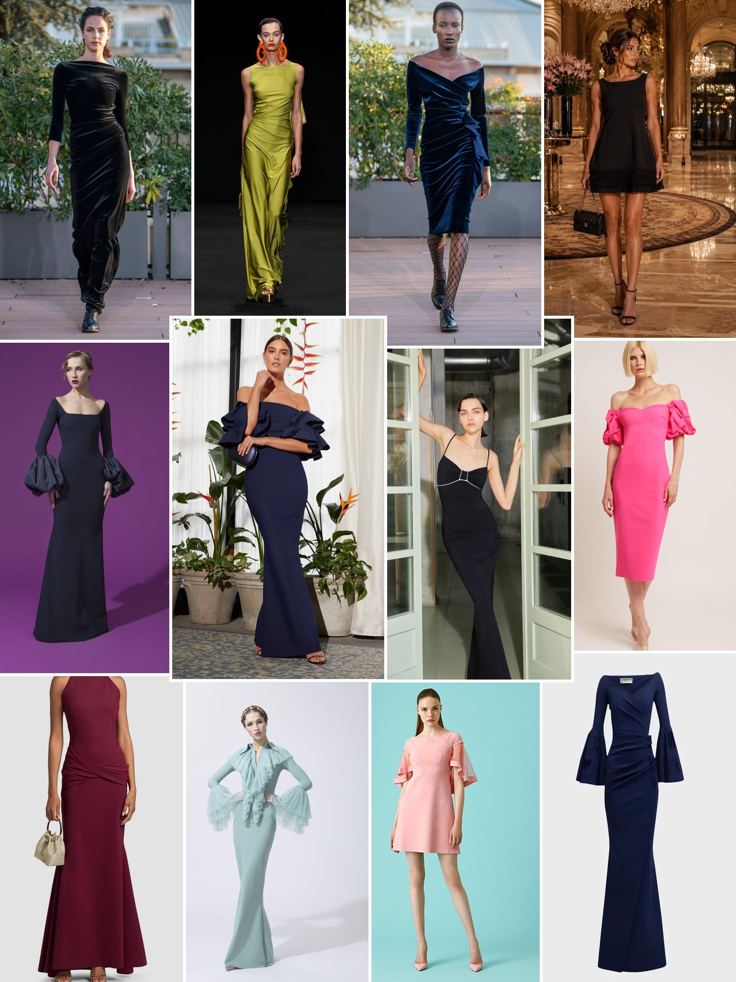 A collage of sculptural evening gowns in velvet, satin, jewel tones, and soft studio hues.