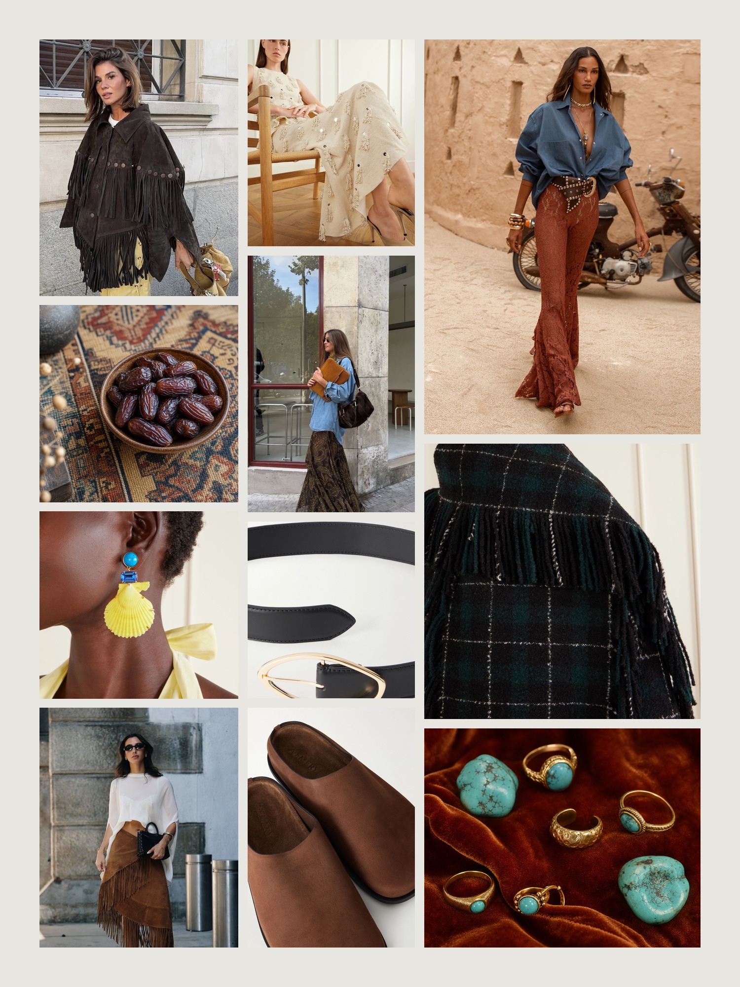 Mood board of boho style in rust, turquoise and gold
