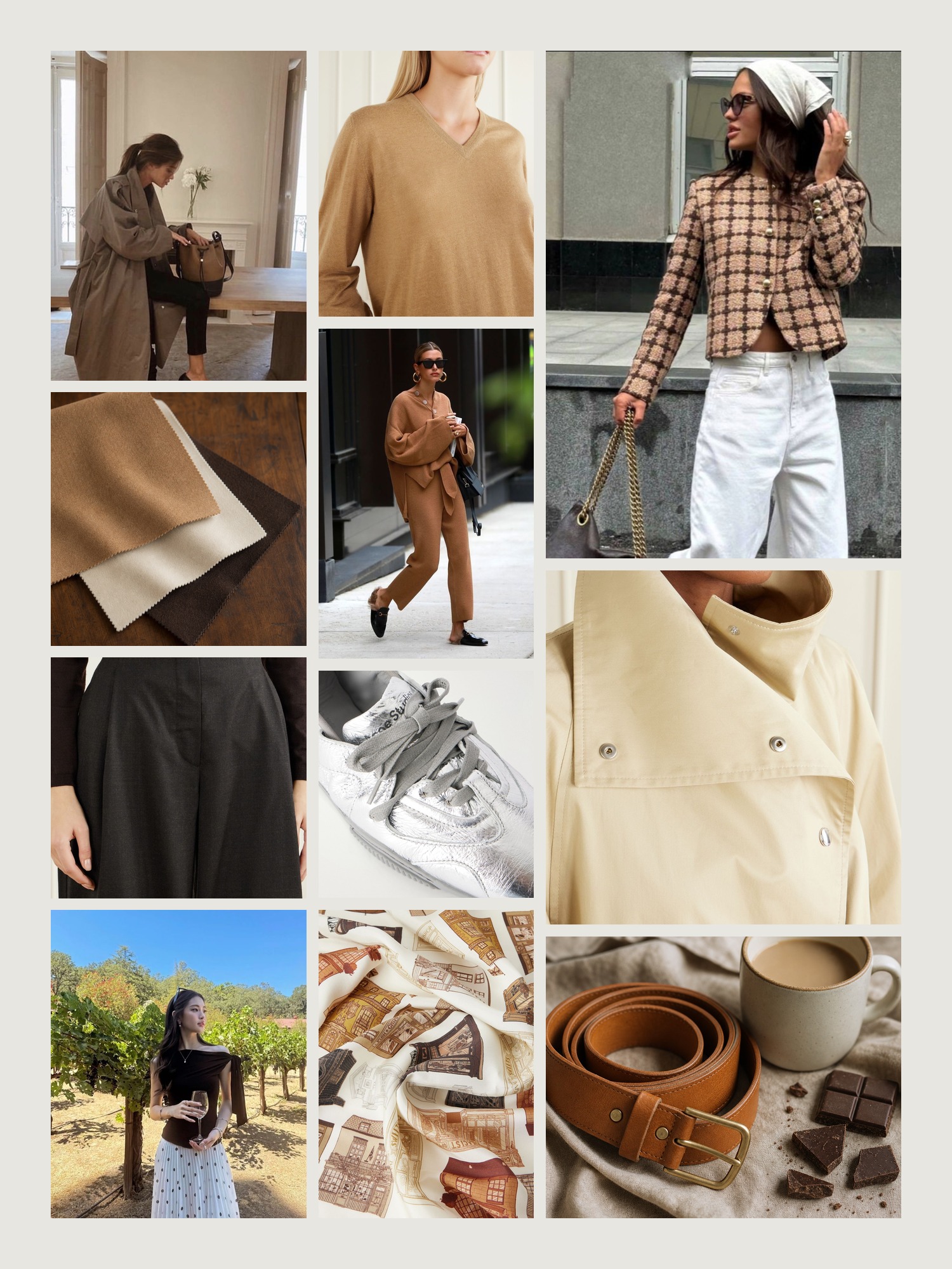 Mood board of personal style in camel, cream and chocolate