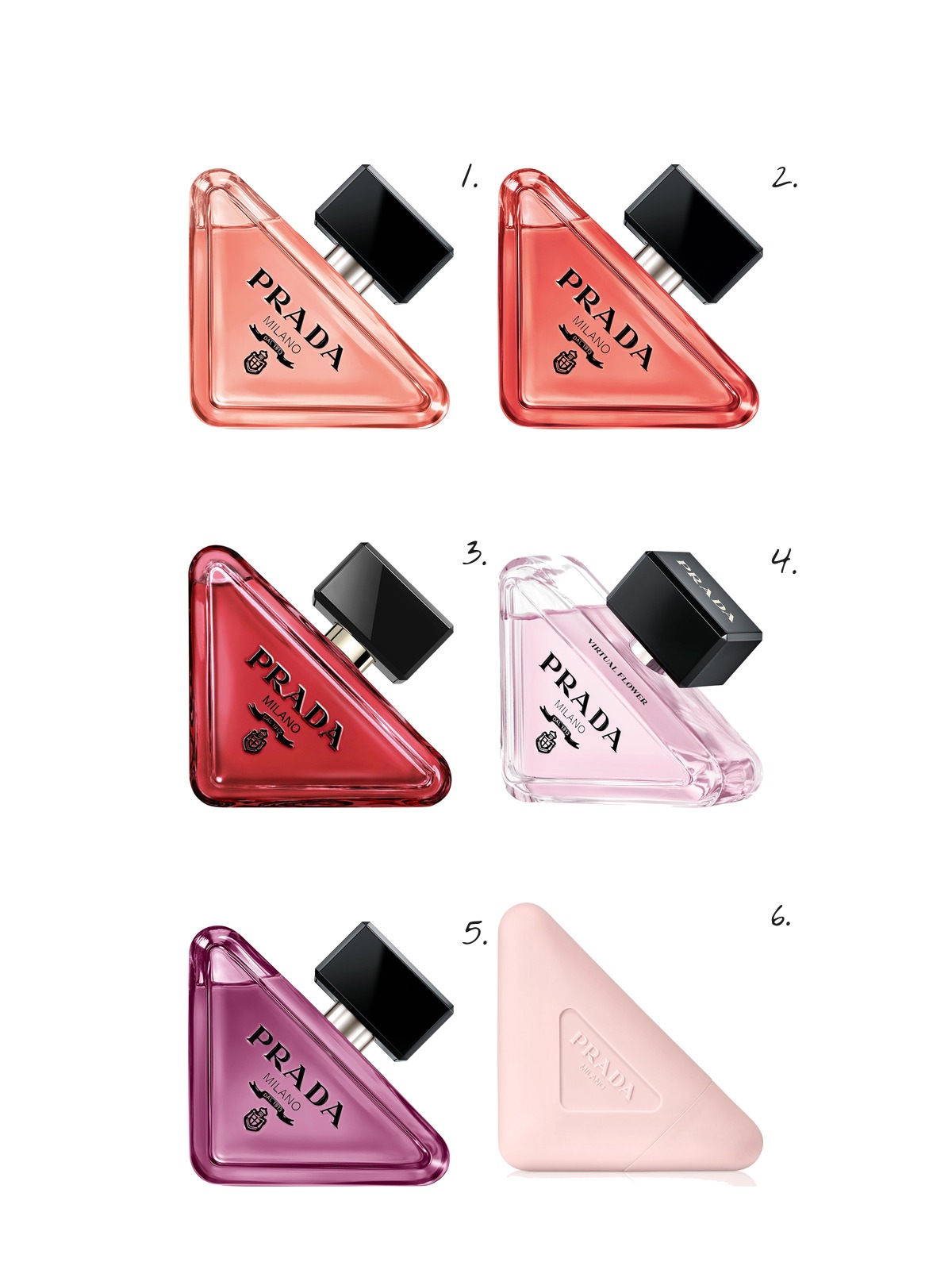 Numbered collage: 1. Prada Paradoxe Eau de Parfum with White Musk & Amber; 2. Prada Paradoxe Intense Eau de Parfum with Amber & Jasmine; 3. Prada Paradoxe Radical Essence Parfum with Sandalwood & Salted Pistachio; 4. Prada Paradoxe Virtual Flower Eau de Parfum with Musk & Jasmine; 5. Prada Paradoxe Sweet Chemistry Eau de Parfum with Blackcurrant; 6. Prada Paradoxe Hand Cream 1.7 oz.
