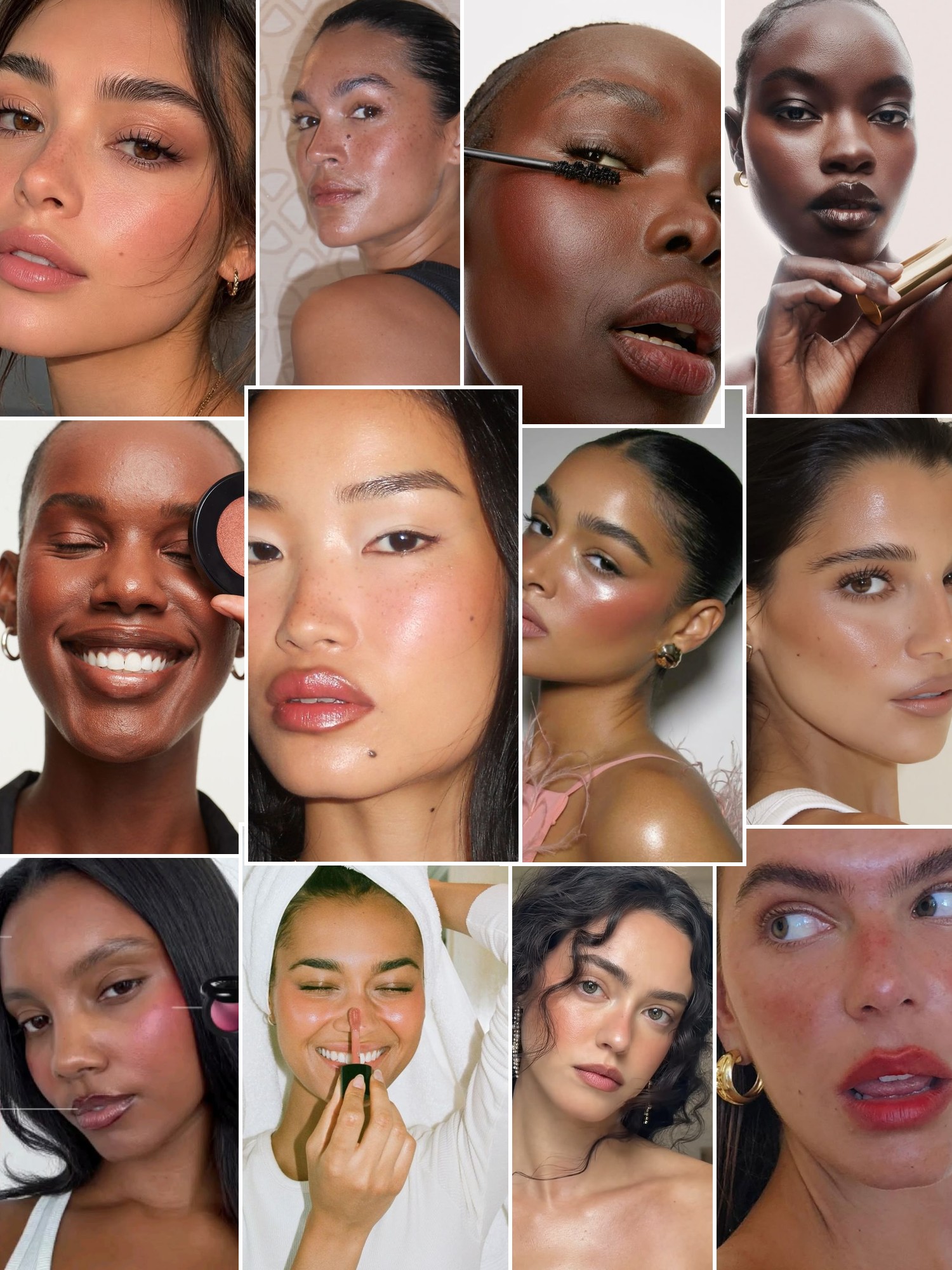 Collage of fresh skin, rosy cheeks, glossy lips and natural beauty looks.
