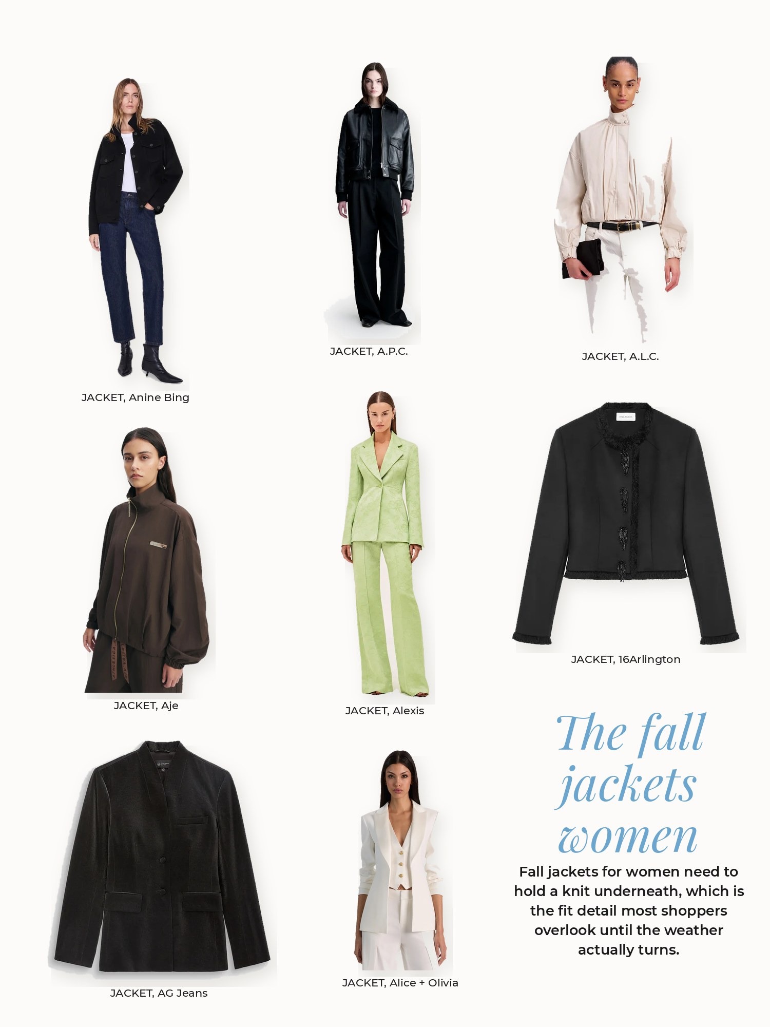 Fall jackets women collage: 16Arlington, A.L.C., A.P.C., AG Jeans, Aje, Alexis, Alice + Olivia, Anine Bing