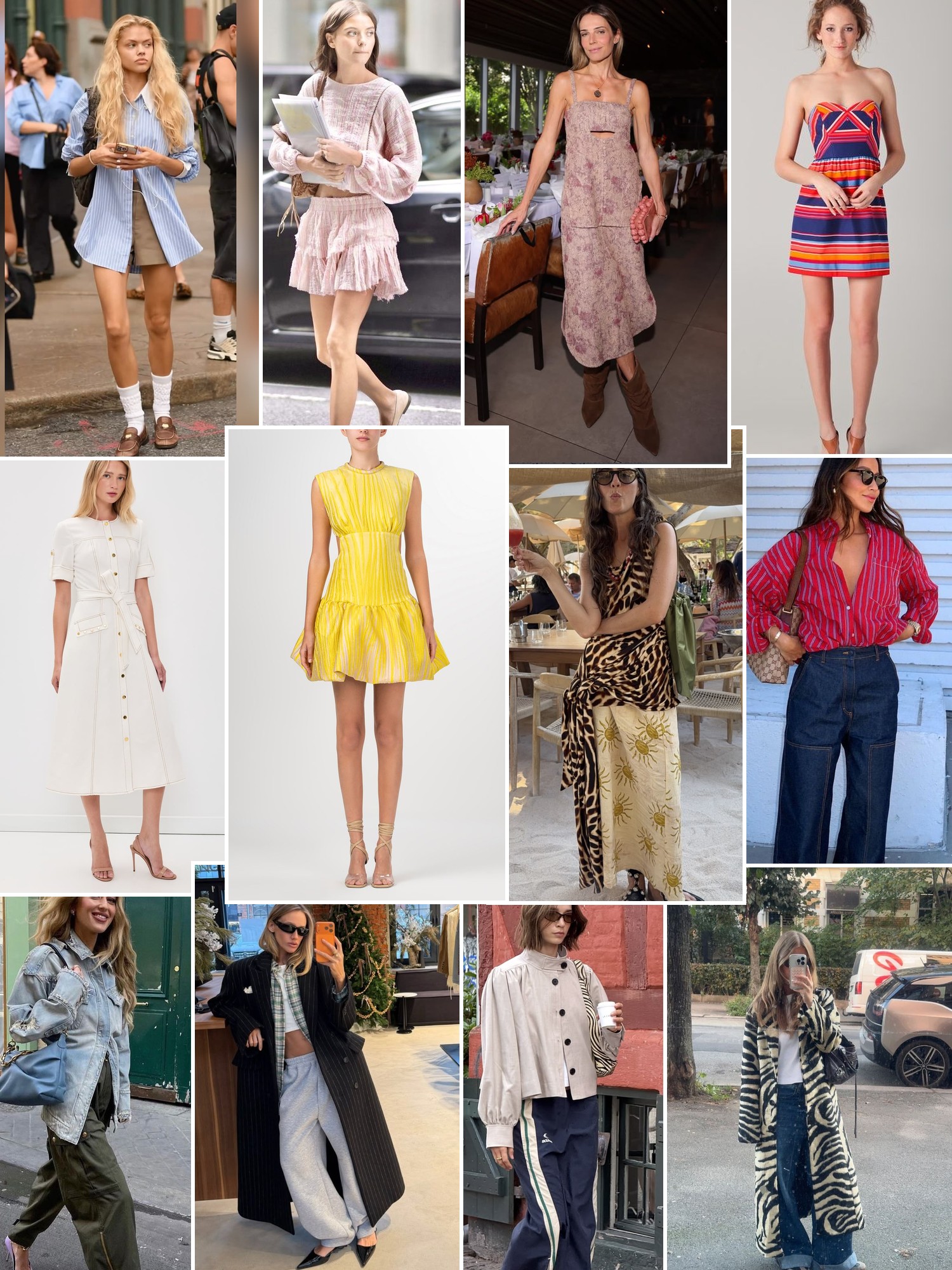 Collage of playful dresses and street style in stripes, florals, pastels, and bright summer colors.
