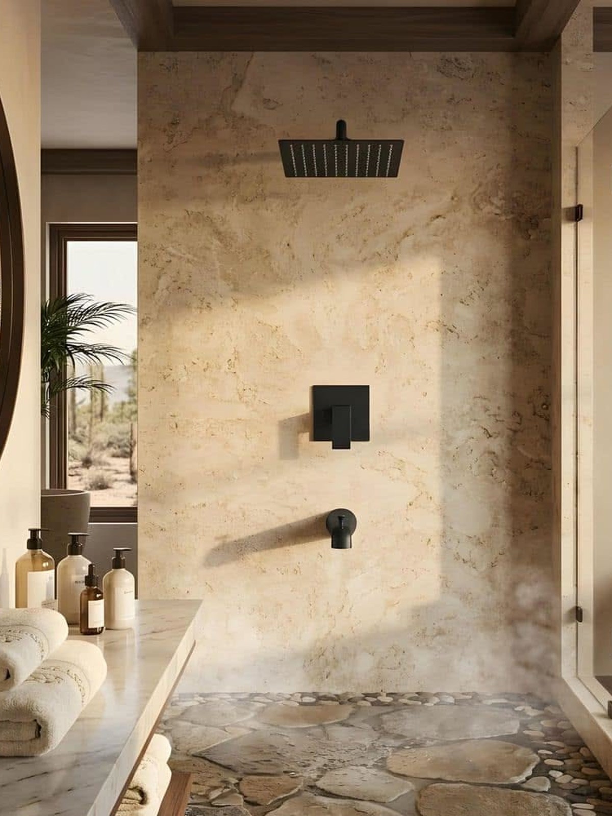 Travertine shower wall with a square black rain shower head, matte black controls and amber pump bottles on a marble counter beside a window