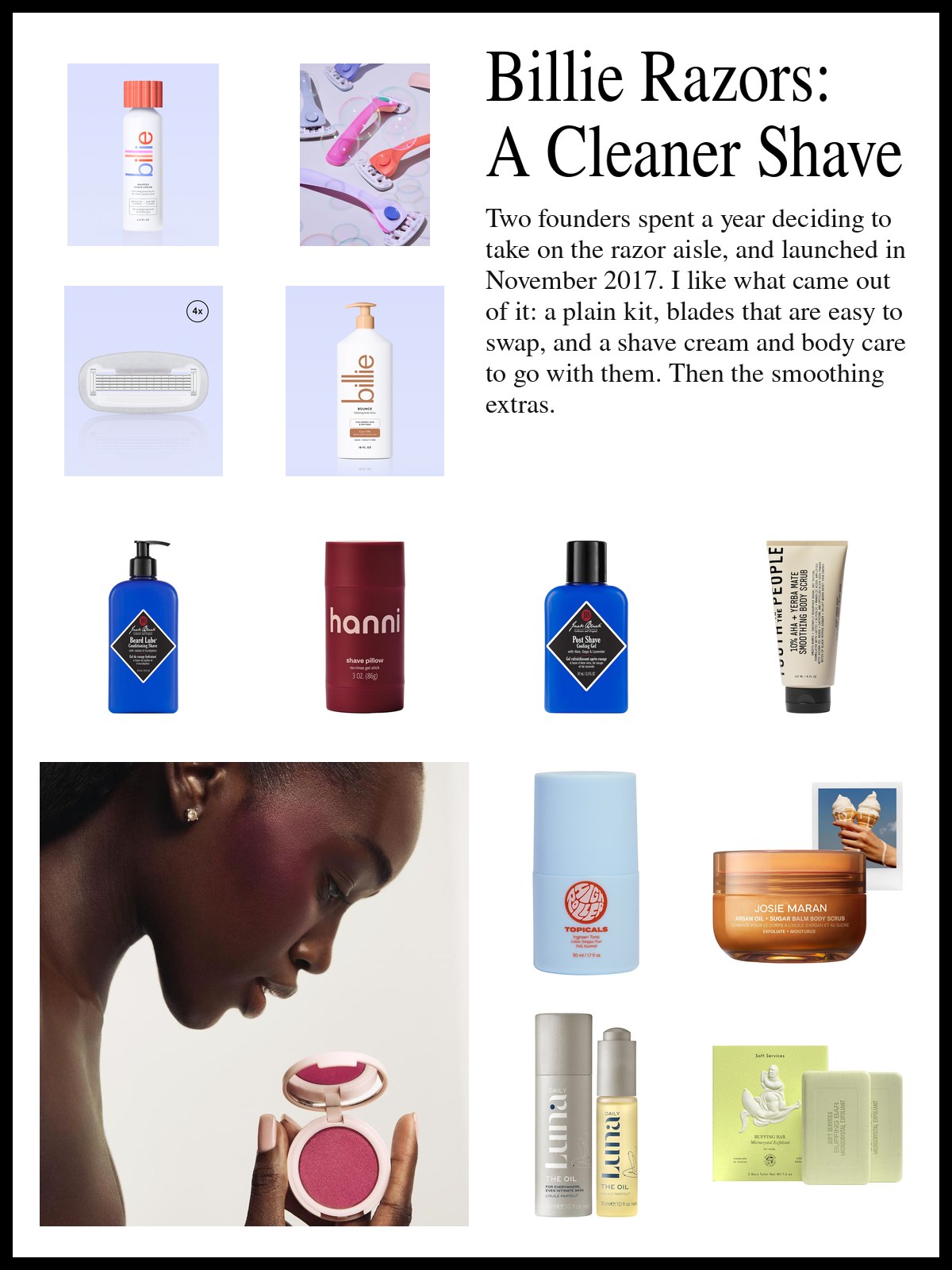 Collage of razors, shave cream, shave gels and body scrubs beside a side-profile photo of a woman with deep berry blush, a small pearl earring and a pink compact held in her fingertips against a pale backdrop.