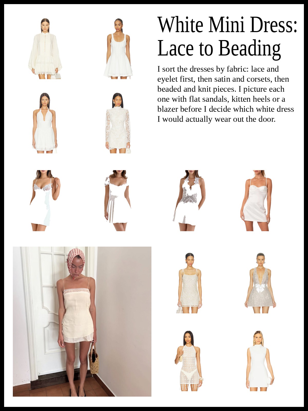Collage of lace and eyelet mini dresses, satin slip and corset mini dresses, and beaded and knit mini dresses, and a mood photo of a cream strapless mini dress with a headscarf