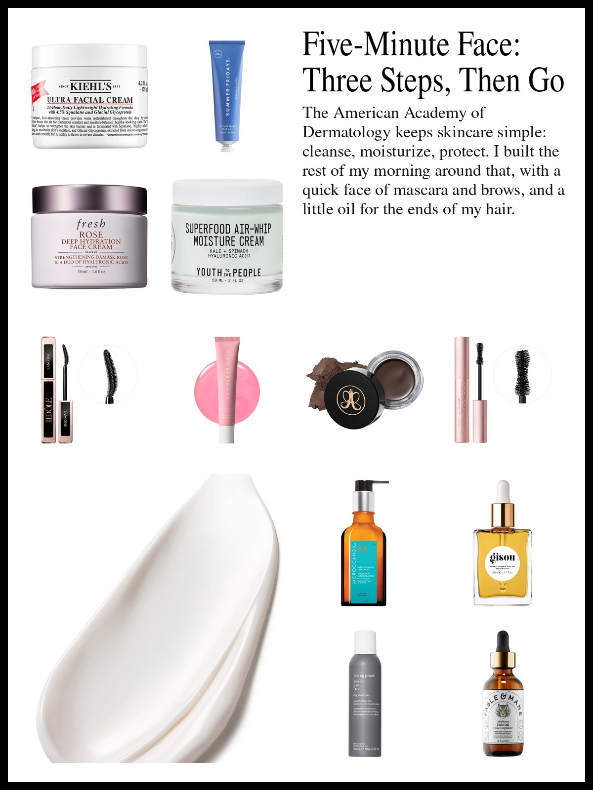 Collage of face moisturizers, mascaras, a brow gel, hair oils and a body moisturizer beside a jar of cream, and a mood photo of a smooth swipe of white cream.