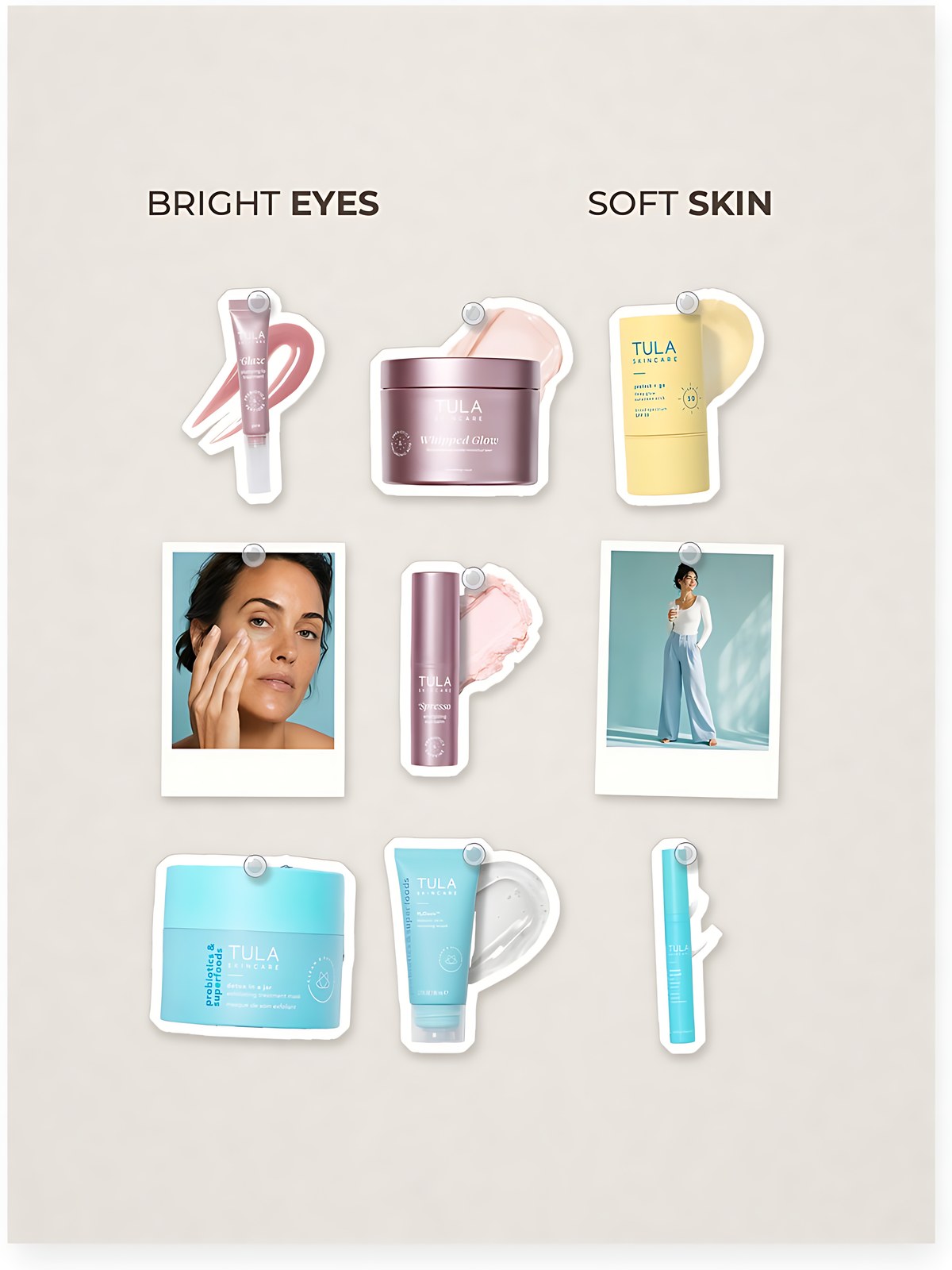 Cut-out product collage with two campaign-style photos: TULA 'Spresso; TULA 'Glaze; TULA Whipped Glow; TULA Protect + Go SPF 50; TULA Detox in a Jar; TULA H₂Oasis; TULA Instant De-Puff