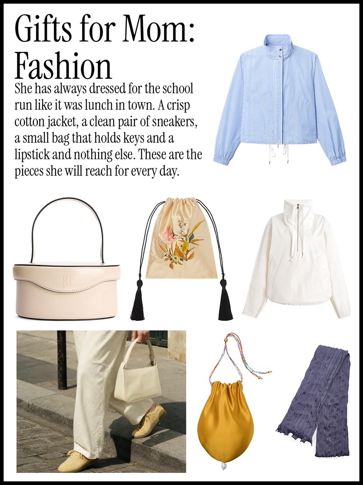 Gifts for Mom: Fashion collage of a light jacket, sneakers, top-handle bags, sunglasses and silk scarves
