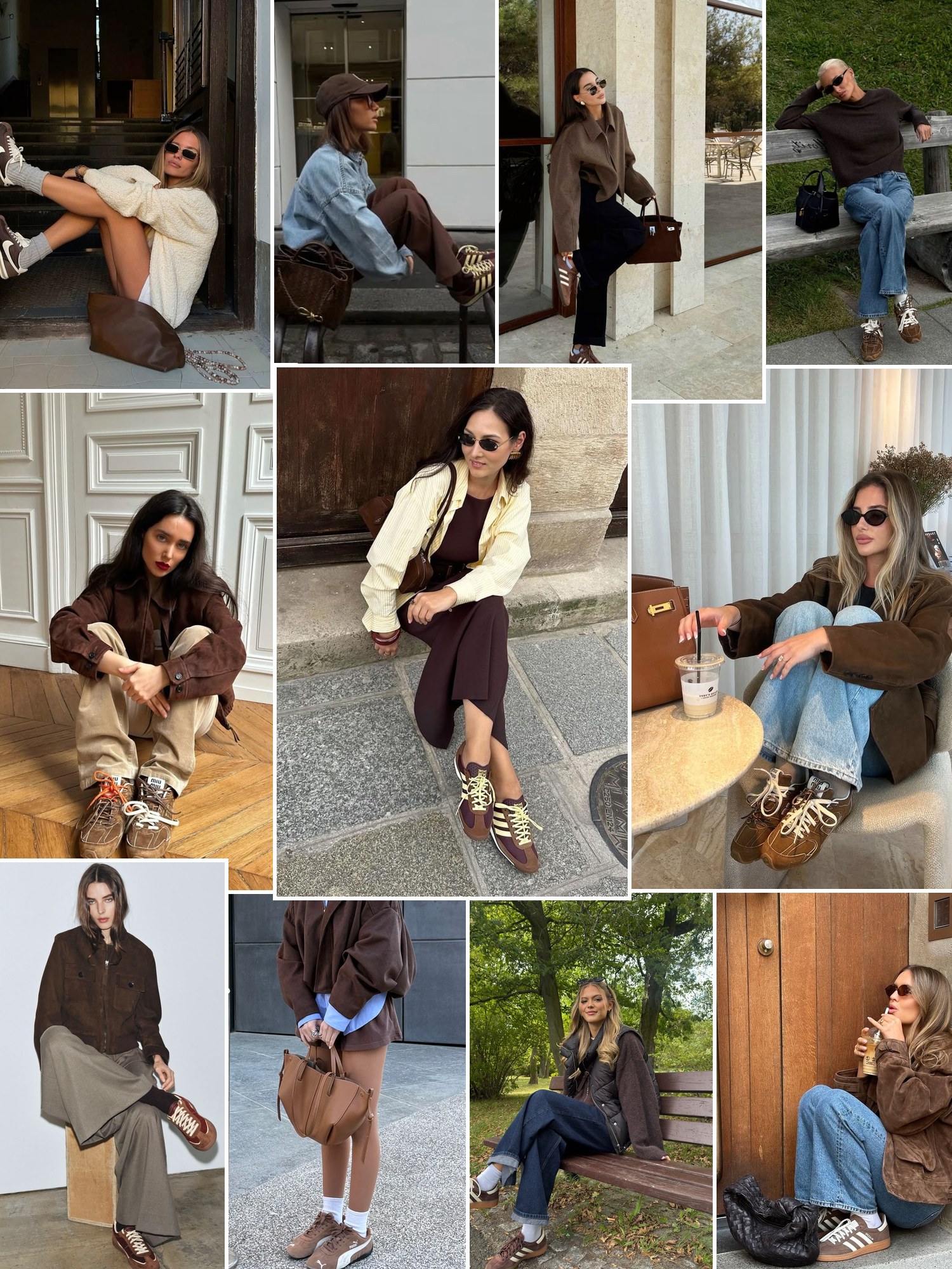 Street style collage of women wearing brown sneakers