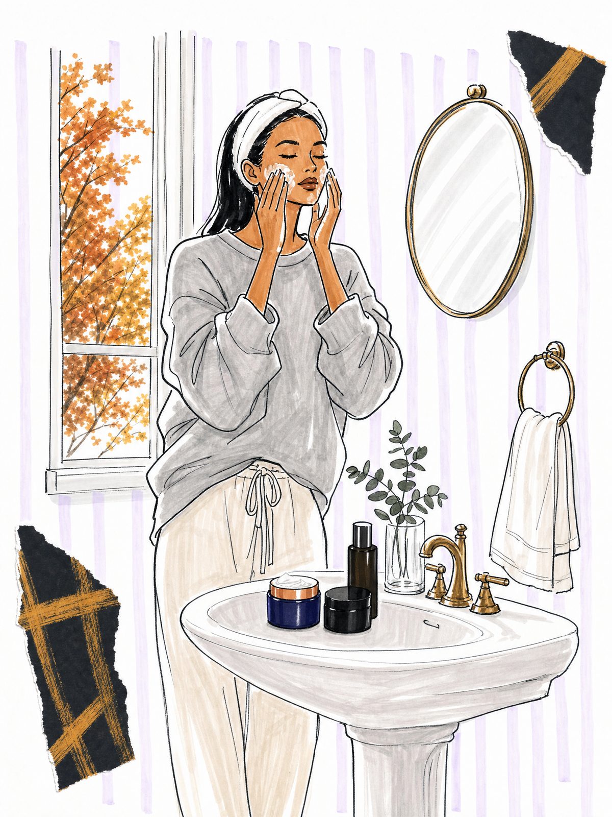 Illustration of a woman in a gray sweatshirt and cream lounge pants washing her face at a pedestal sink, with a navy cleansing balm jar, a black balm jar and a cleansing oil bottle by the tap and an orange maple outside the window