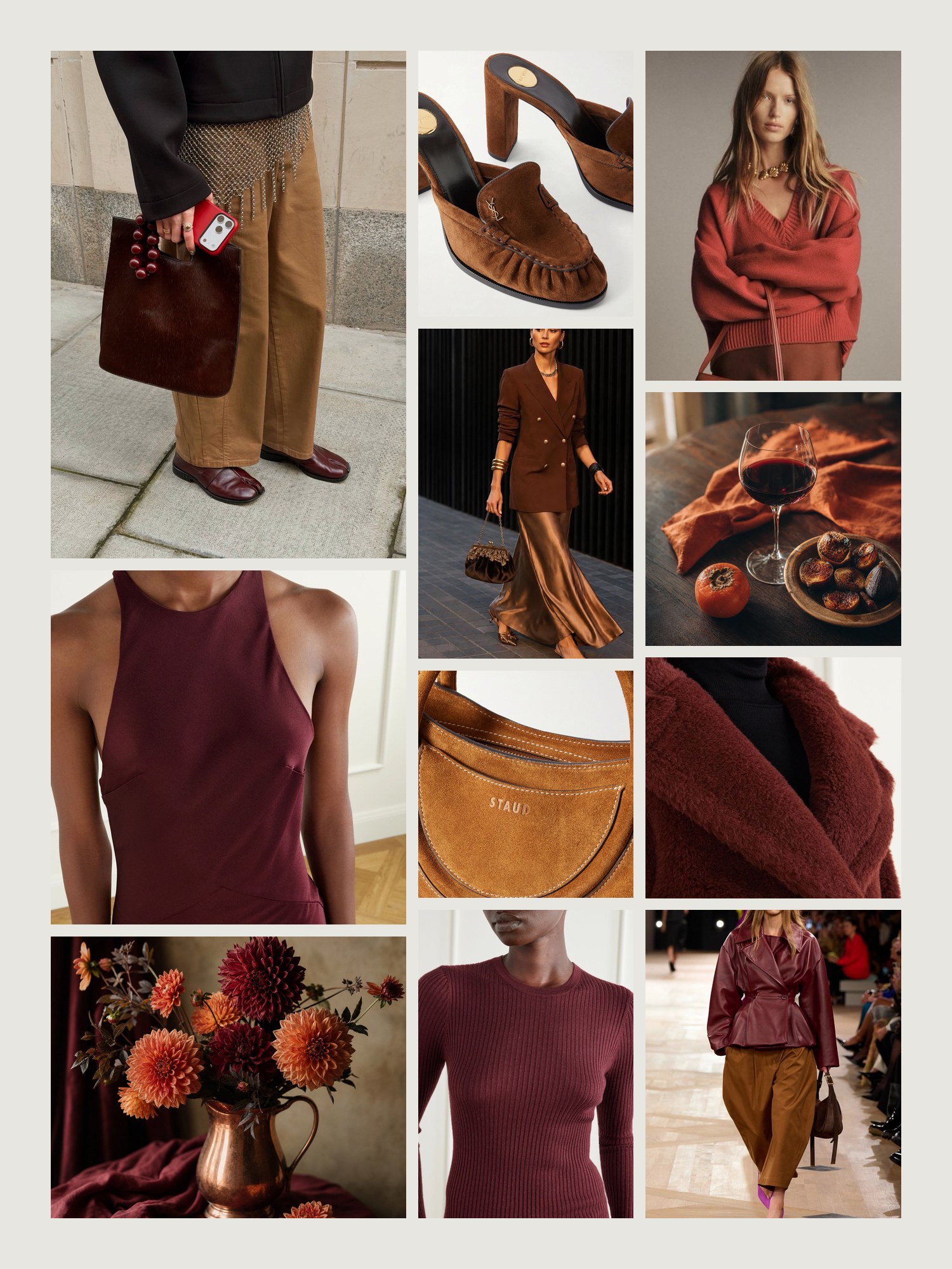 Mood board for rust and burgundy outfits: four street-style photos of women wearing rust and burgundy, close-ups of the Staud tote, the Saint Laurent mules, the Gabriela Hearst sweater, the Blazé Milano maxi dress and the Max Mara coat from this edit, and two still lifes in both colors