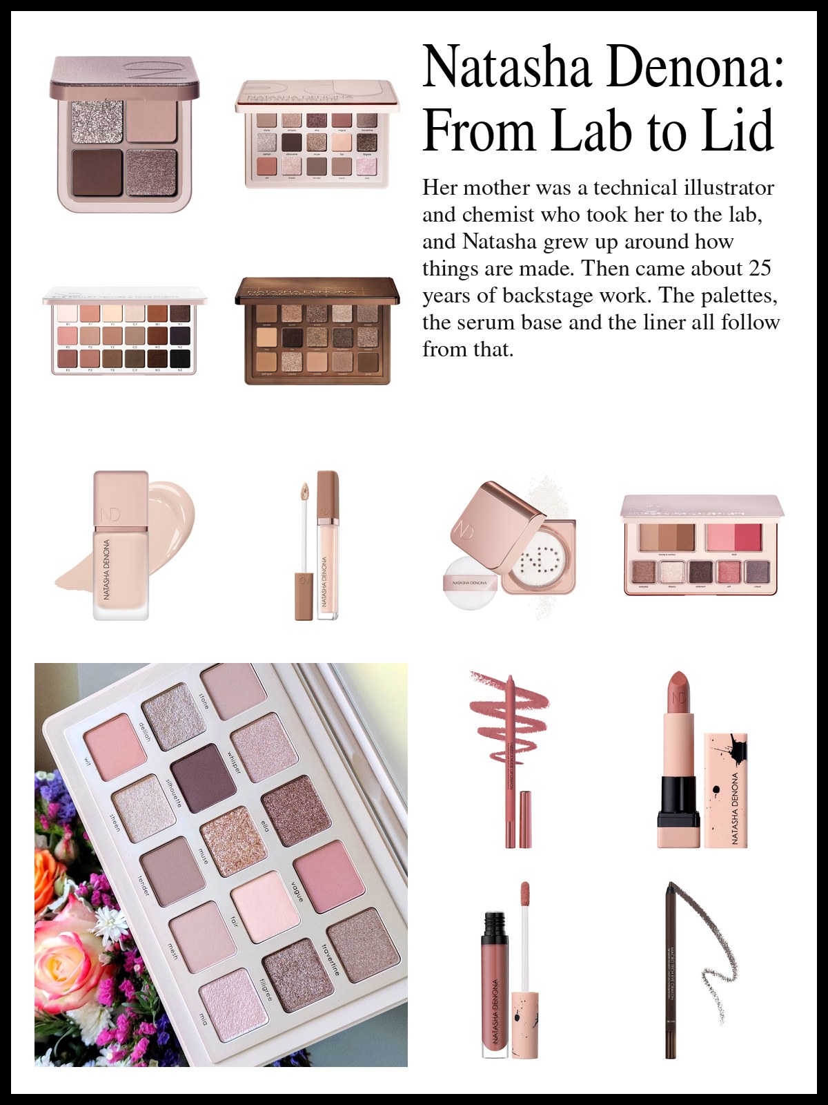 Collage of eyeshadow palettes, foundation, gloss and liners beside a photo of three open pots of cream color, coral pink, warm apricot and dusty rose, on a marble slab.