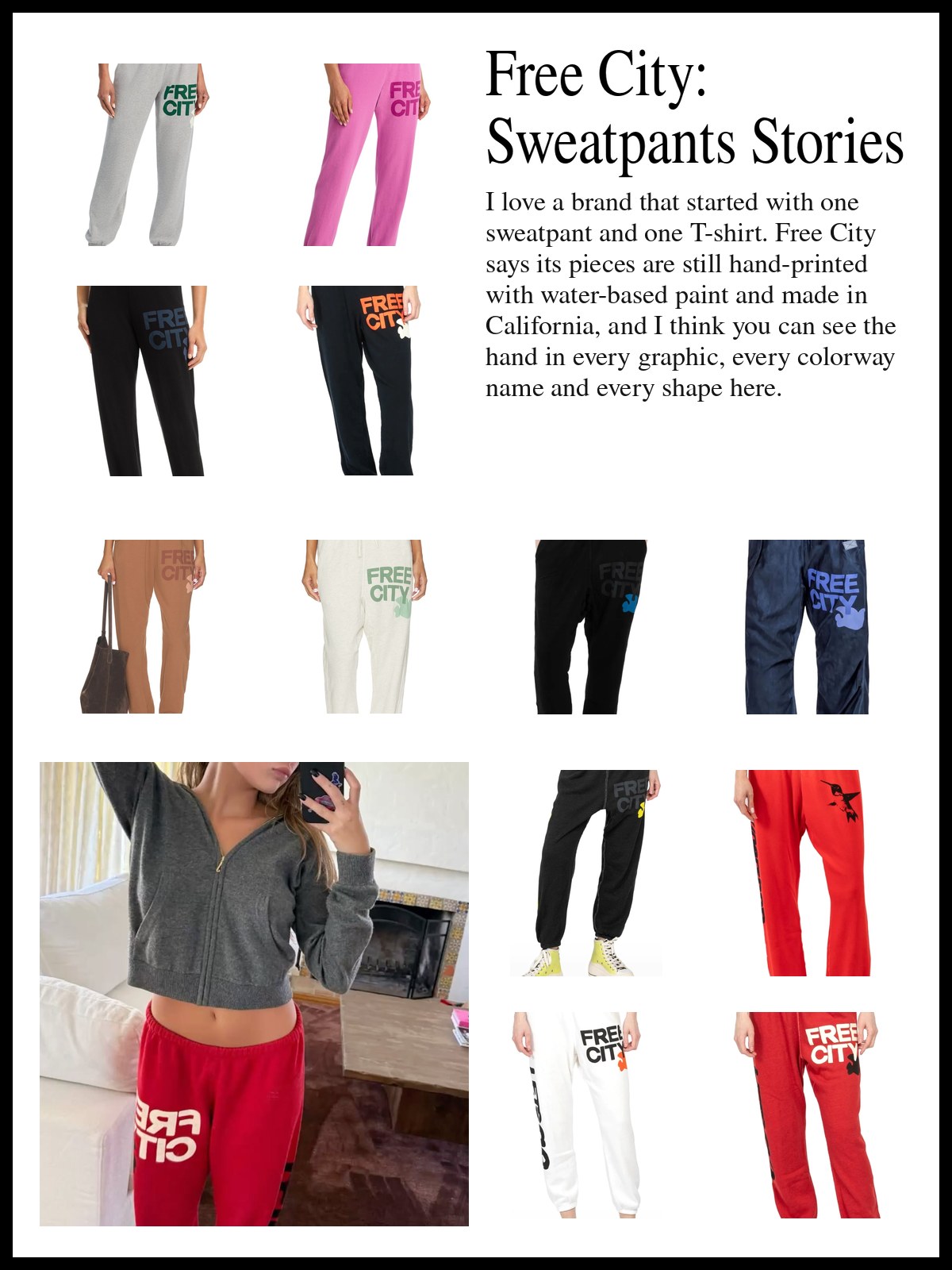 A collage of Free City logo sweatpants, Large and Superfluff sweatpants, and graphic print track pants, and a mood photo of a woman in red Free City sweatpants and a gray half zip.