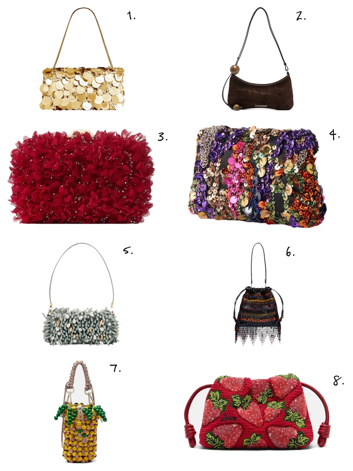 Numbered collage of eight beaded and sequinned bags from Rabanne, Jacquemus, Jimmy Choo, Dries Van Noten, Cult Gaia, Etro, Alémais and Loewe