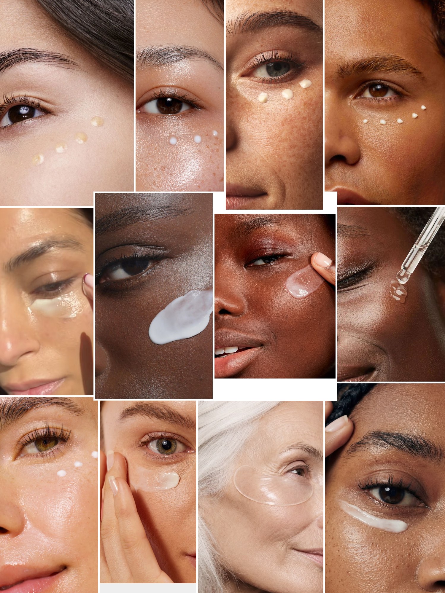 Collage of close-ups of under-eye skincare being applied