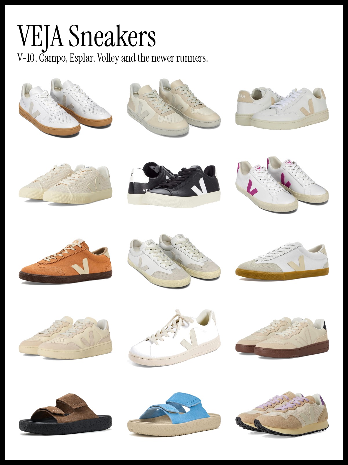 Collage of VEJA sneakers including V-10 and Campo pairs, Esplar low tops, Volley and Panenka styles, runners and an Etna sandal