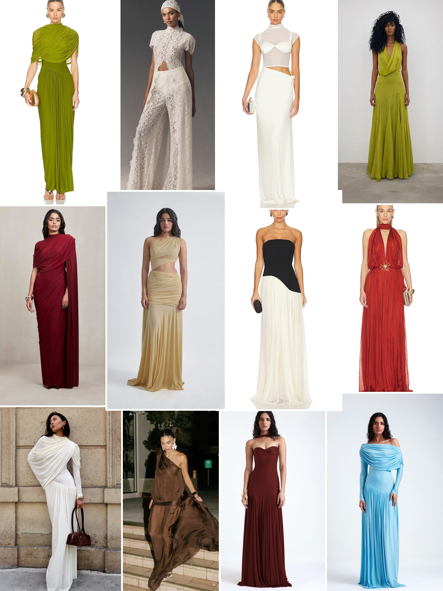 Collage of fluid gowns and draped dresses in lime, red, white and soft neutrals