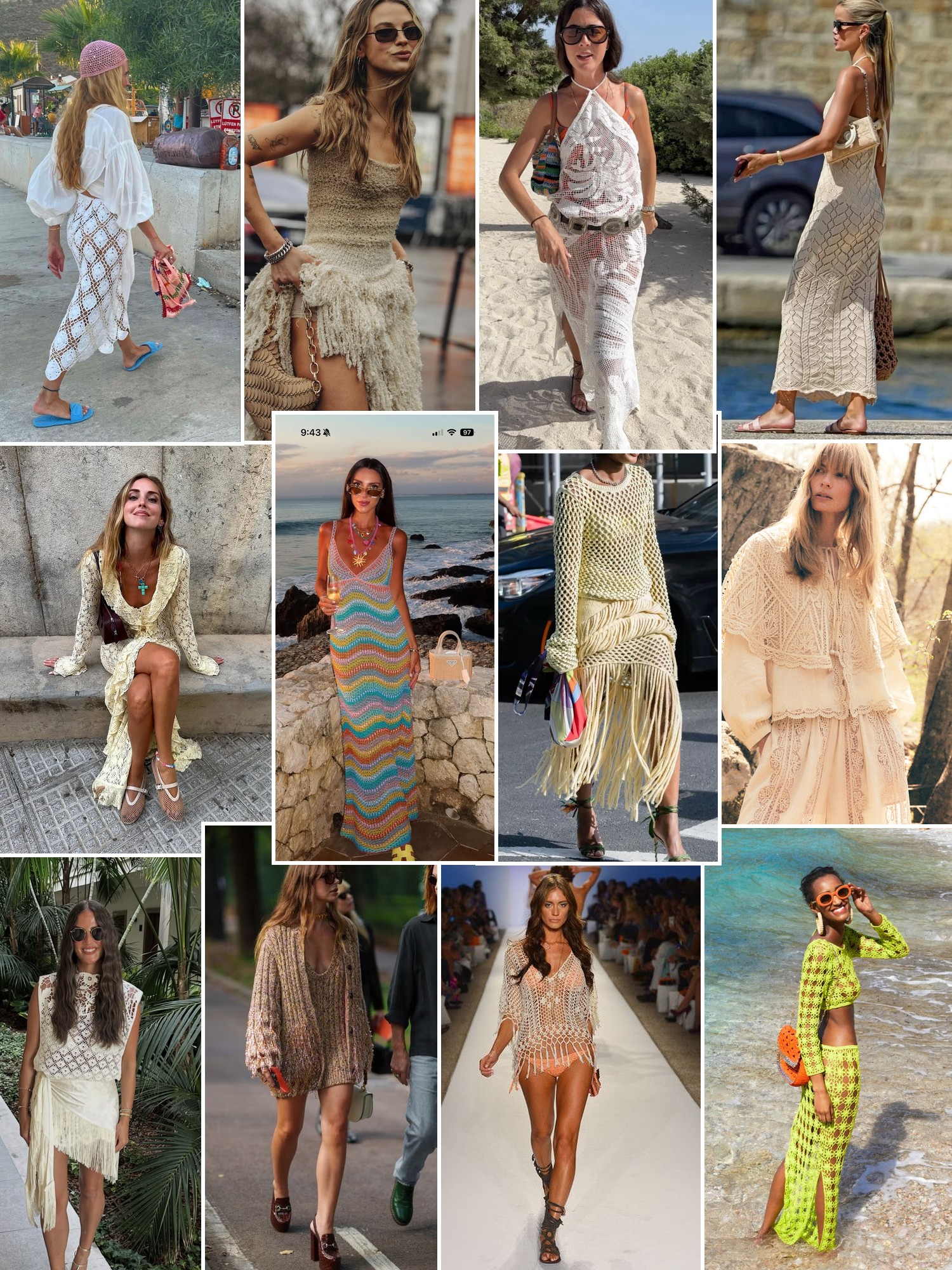 Collage of crochet dresses, silk resortwear, open knit textures and colorful coastal outfits