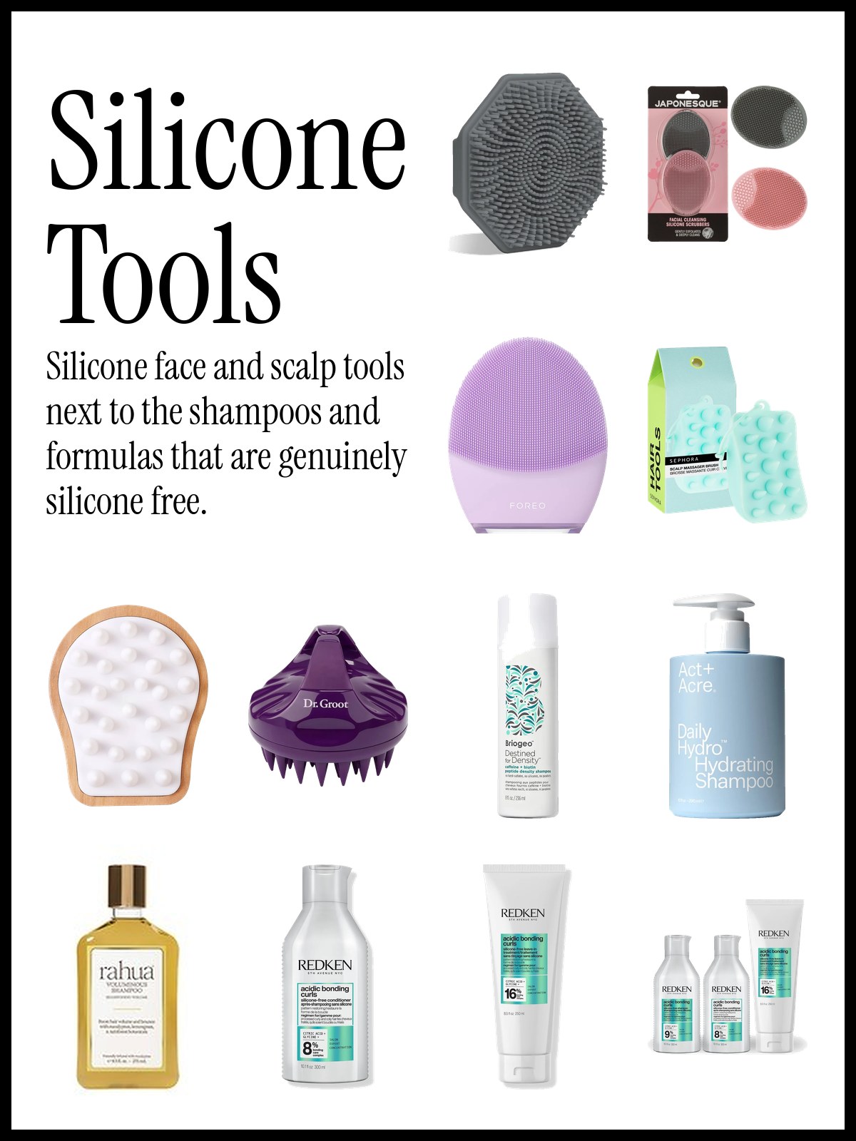 Collage of silicone face scrubbers, scalp massagers and silicone free shampoo bottles