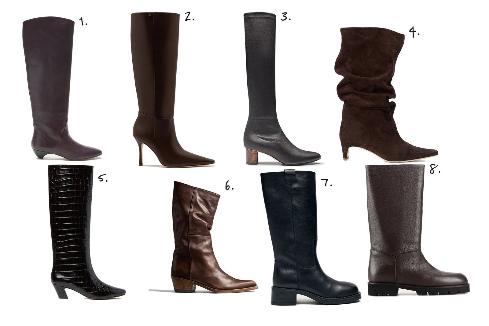 Numbered collage: 1. Le Monde Béryl Allegra Riding Boot in Plum; 2. Larroudé Carine Boot in Brown Leather; 3. Sarah Flint Alexandra 50 Boot; 4. Staud Wally Slouch Boot in Espresso; 5. Loeffler Randall Marley Croc-Embossed Tall Boot; 6. Khaite Clive Boot in Dark Brown; 7. Alohas Sajan Leather Boot in Black; 8. Dear Frances Loch Boot in Espresso