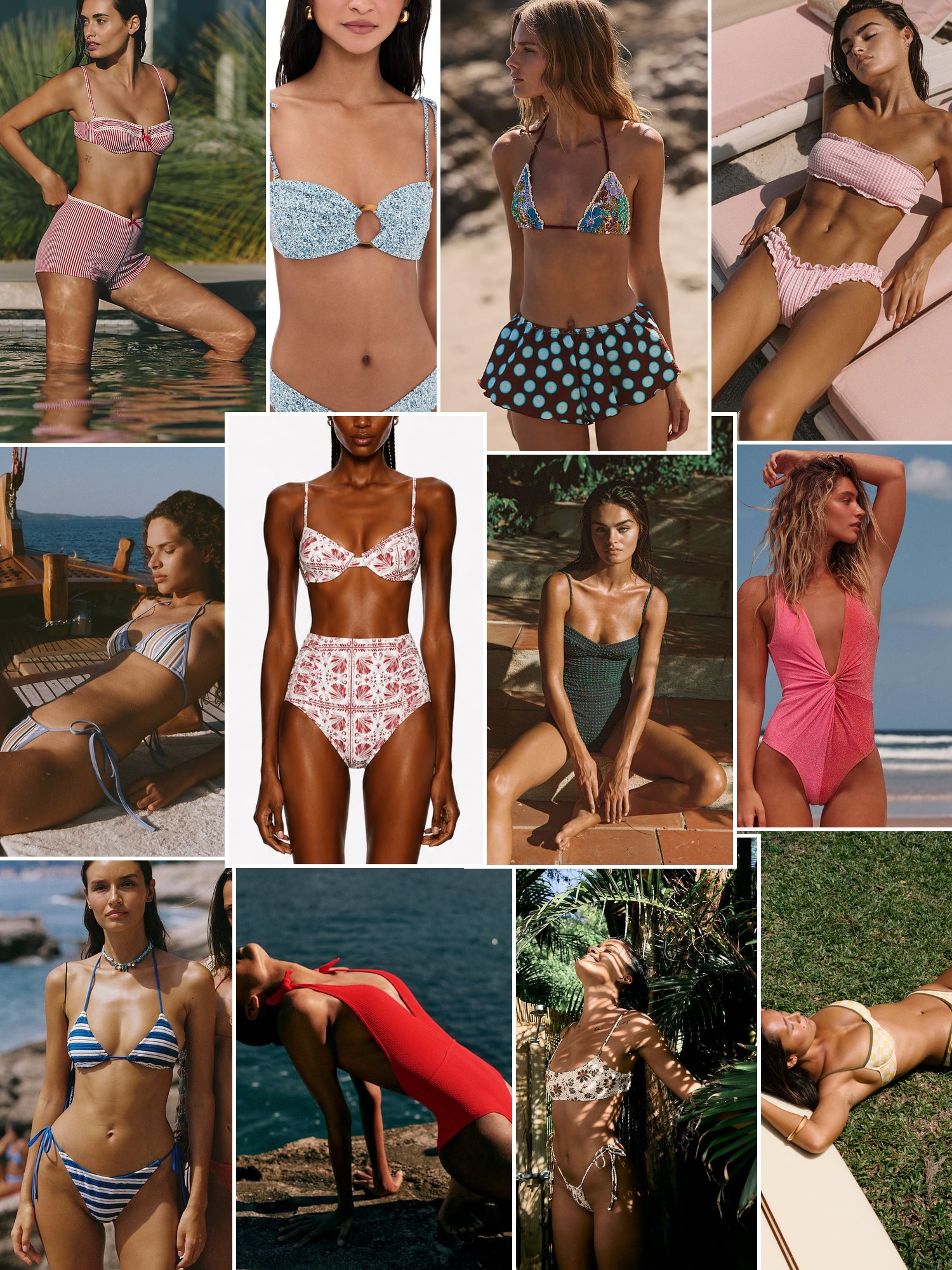 Collage of swimwear on sunlit beaches and by the water, in the spirit of JUILLET SWIMWEAR
