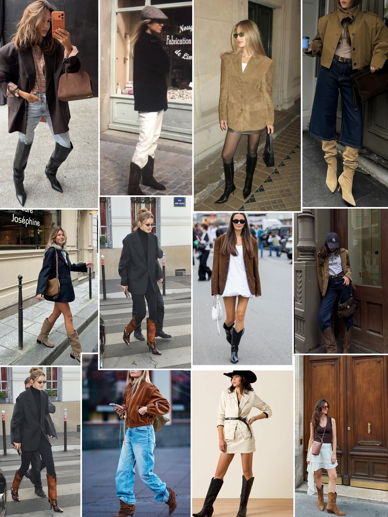 Collage of outfit photos styled with western and cowboy boots