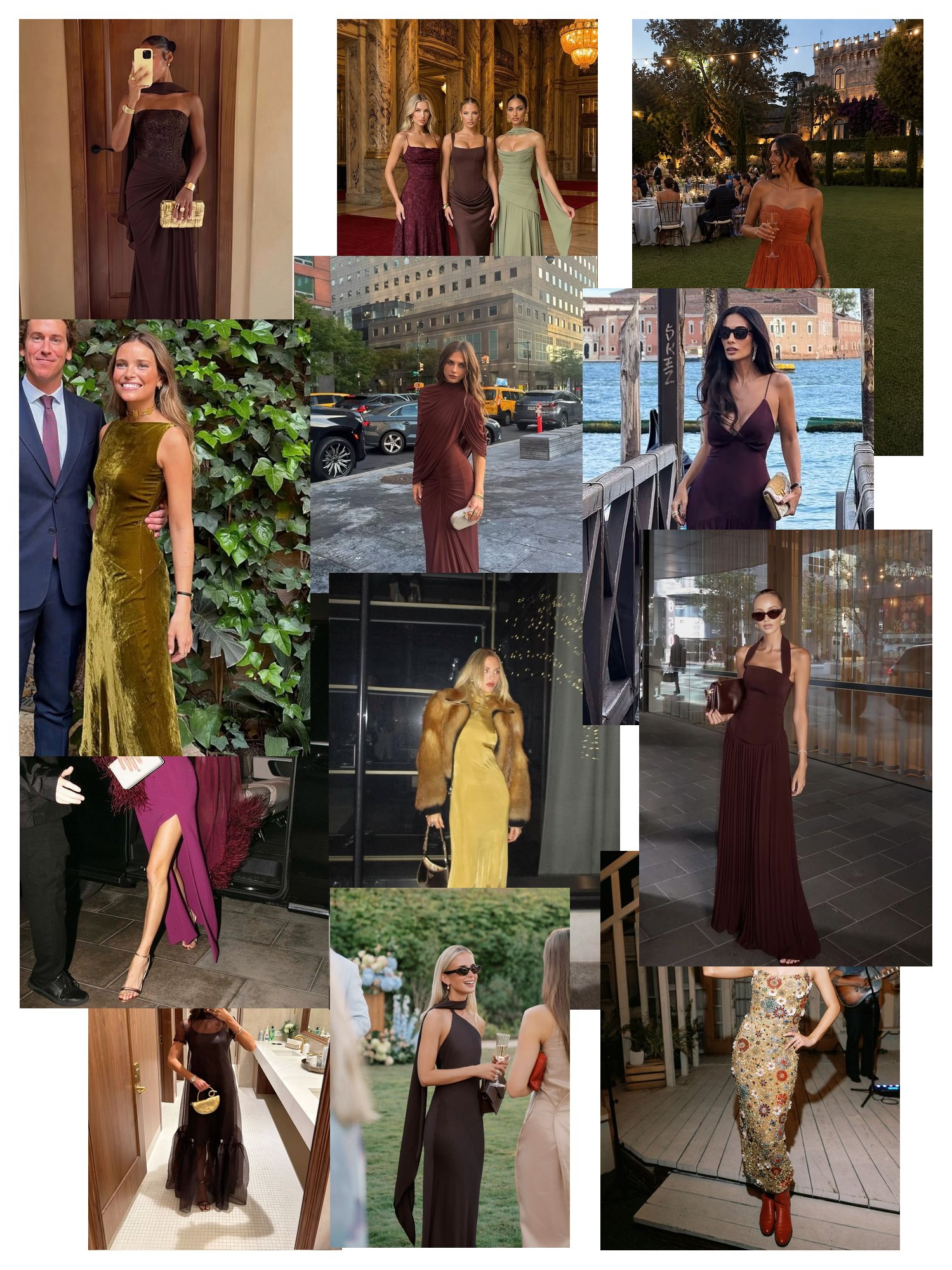 Street-style collage of 12 outfit photos featuring fall wedding guest dress, scattered and overlapping