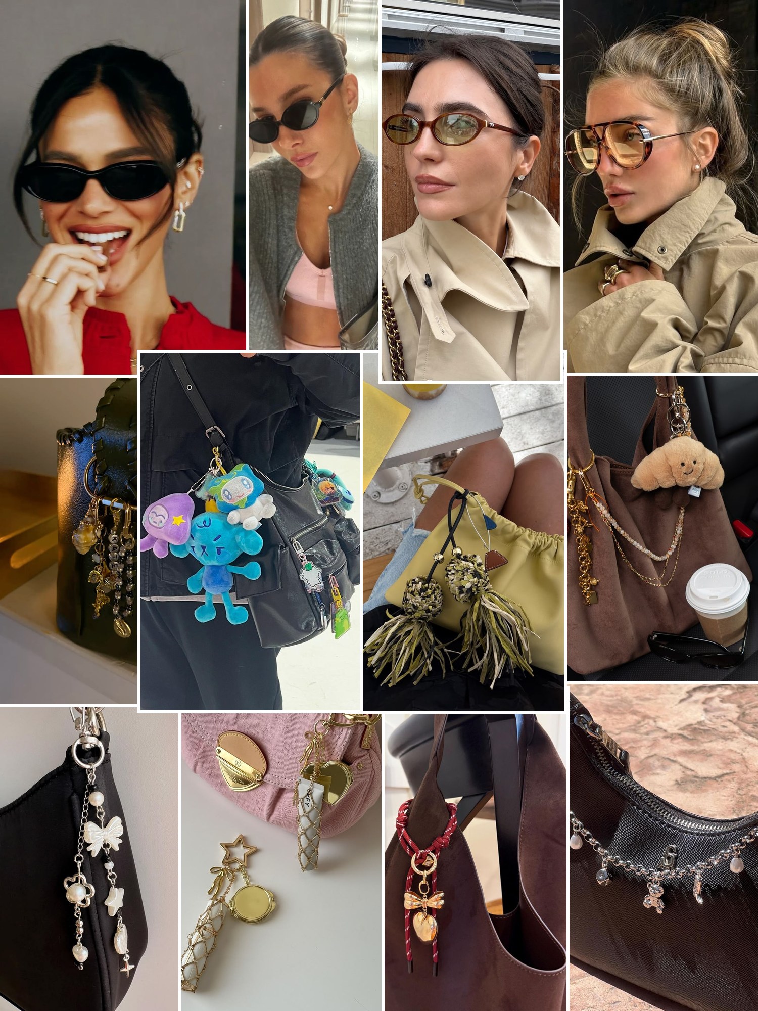 Collage of everyday outfits built around Muse Charm