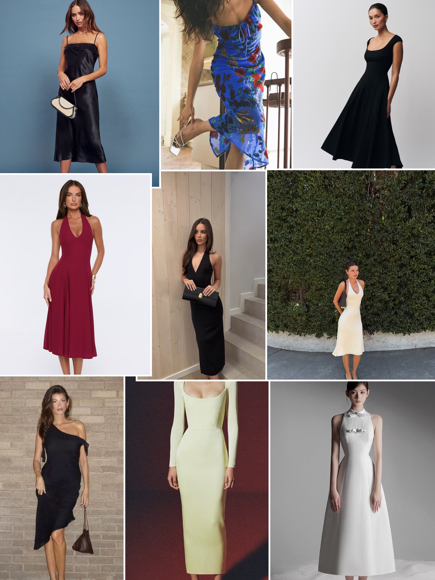 Collage of everyday outfits built around midi formal dresses