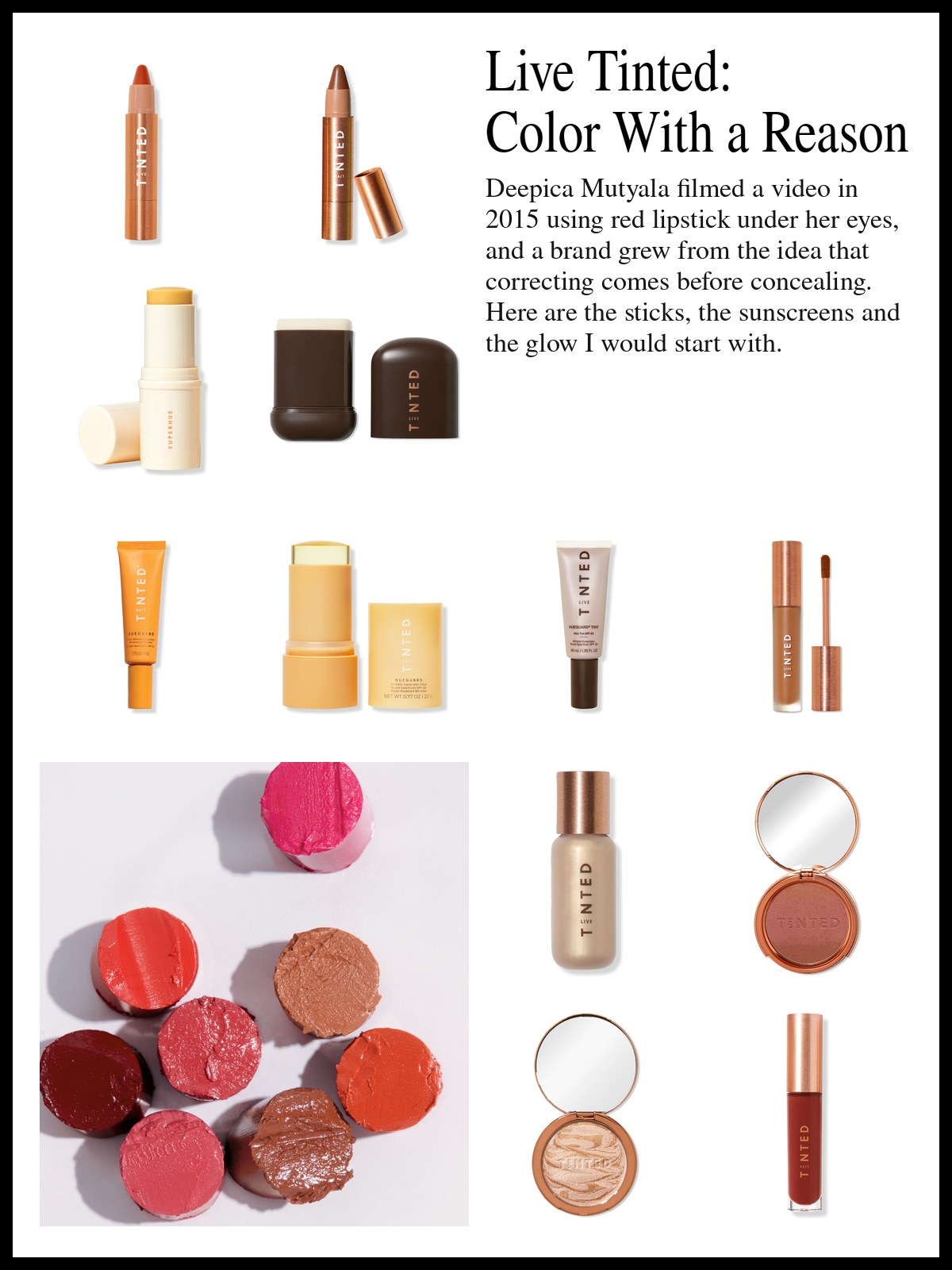 Collage of Live Tinted color sticks, Hueguard sunscreens and skin tint, liquid blush, highlighter and lip gloss, and a mood photo of a scatter of lipstick bullets.