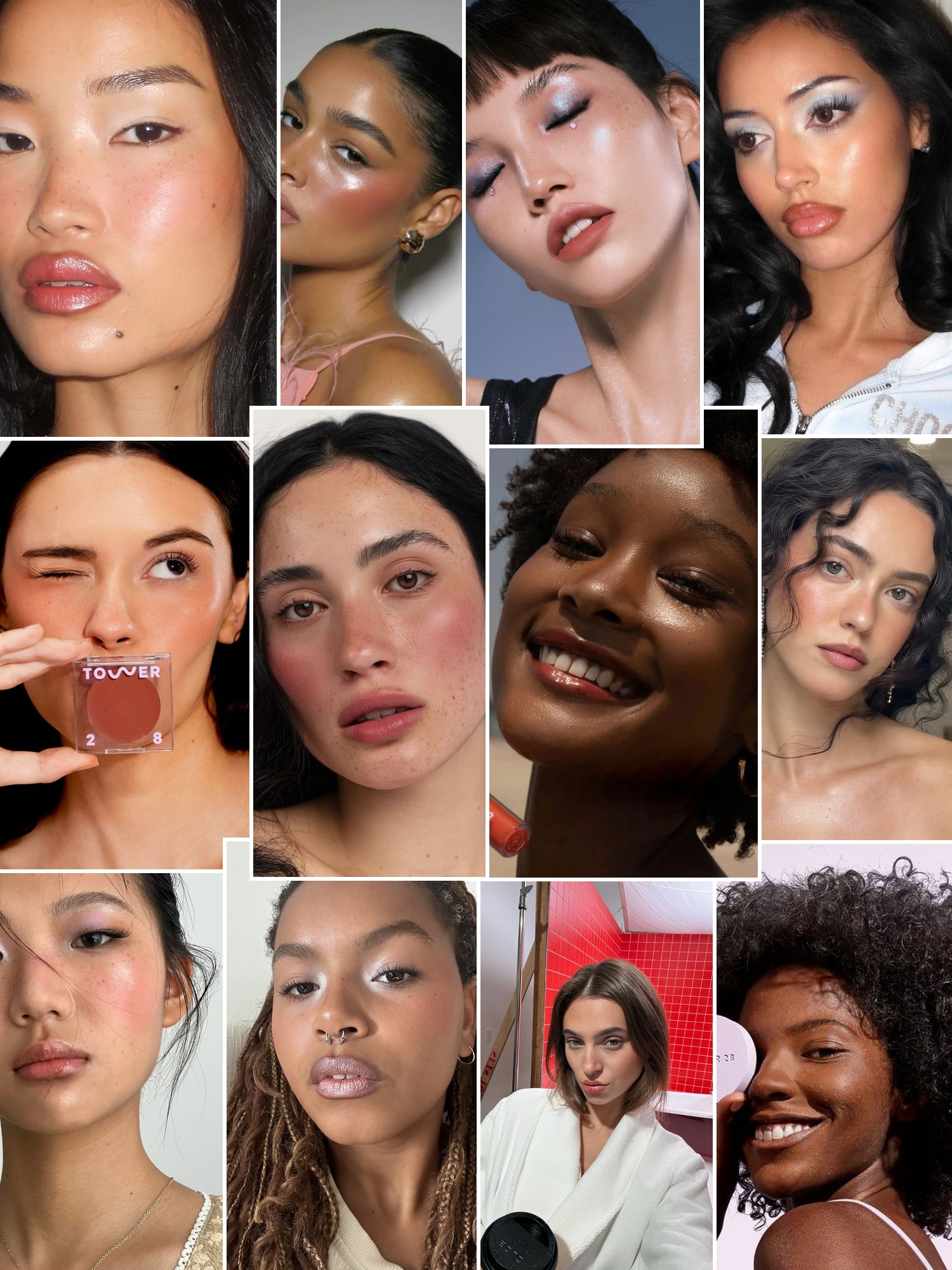 Collage of dewy skin, colorful blush, natural makeup and close up beauty looks