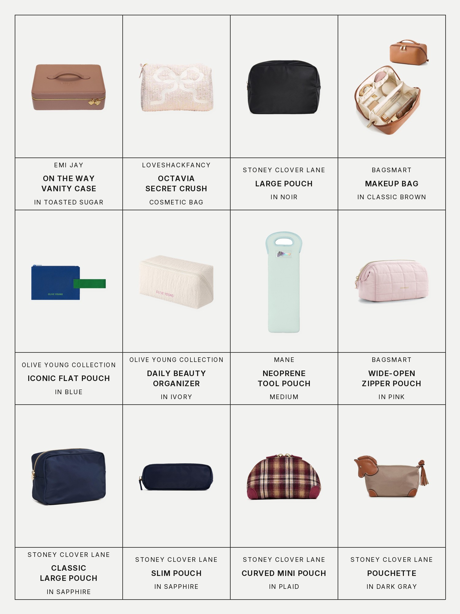 Twelve boxes on a pale gray page, one for each product in this edit, each with its brand and name printed below: Emi Jay On The Way Vanity Case in Toasted Sugar, LoveShackFancy Octavia Secret Crush Travel Cosmetic Bag, Stoney Clover Lane Large Pouch in Noir, Bagsmart Makeup Bag Travel Cosmetic Case in Classic Brown, Olive Young Collection Iconic Flat Pouch in Blue, Olive Young Collection Daily Beauty Organizer in Ivory, Mane Neoprene Medium Hair Tool Pouch, Bagsmart Makeup Bag Wide-Open Zipper Pouch in Pink, Stoney Clover Lane Classic Large Pouch in Sapphire, Stoney Clover Lane Slim Pouch in Sapphire, Stoney Clover Lane Curved Mini Pouch in Plaid and Stoney Clover Lane Pouchette in Dark Gray.