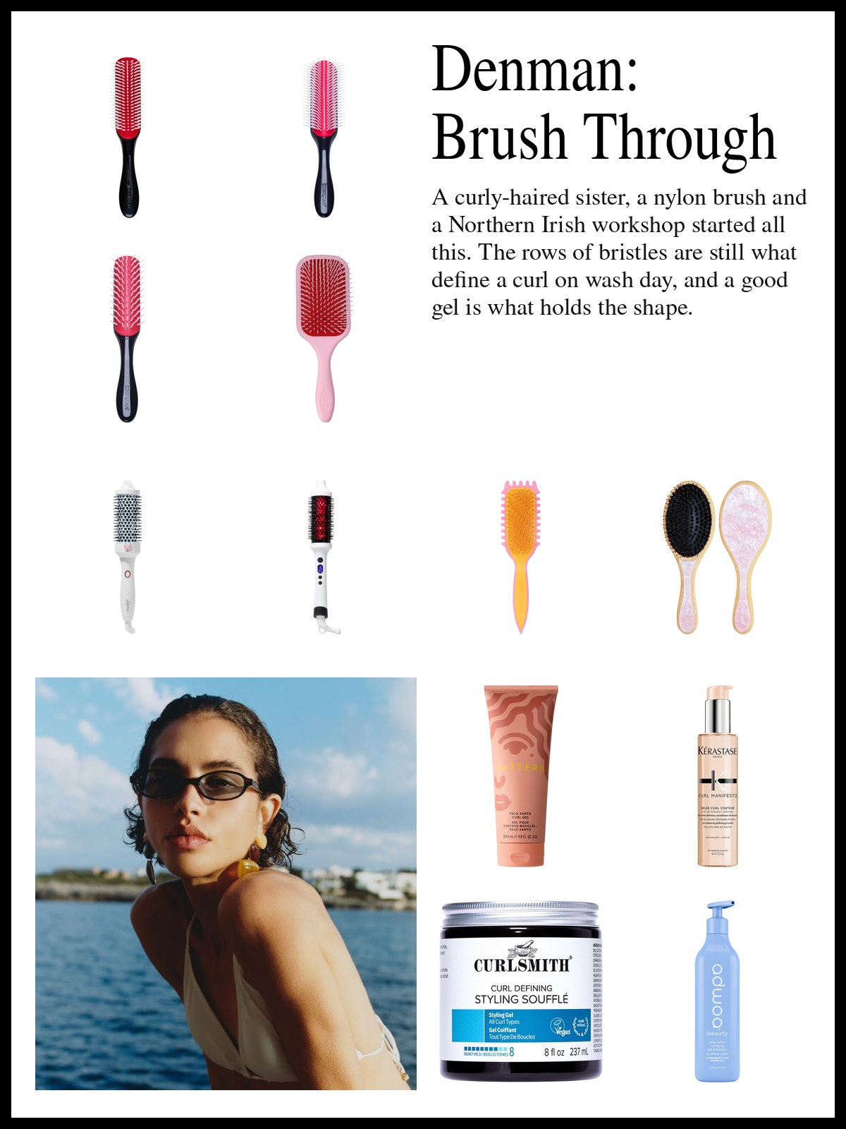 Collage of curl-defining brushes, round and paddle brushes and curl gels beside a photo of a woman with wet, curly dark hair, small dark sunglasses and amber drop earrings, leaning toward the camera over blue sea.