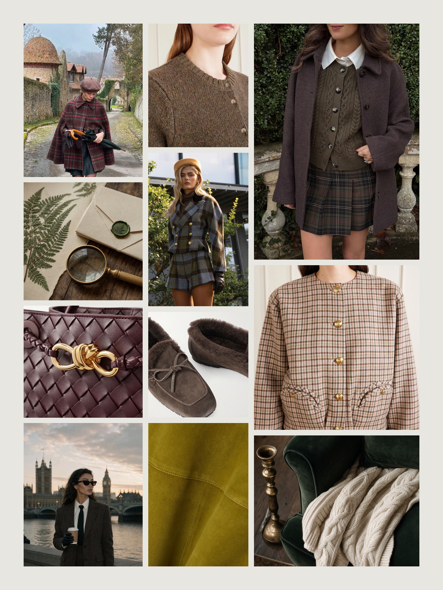 Mood board of dark academia in forest green, cream and old brass