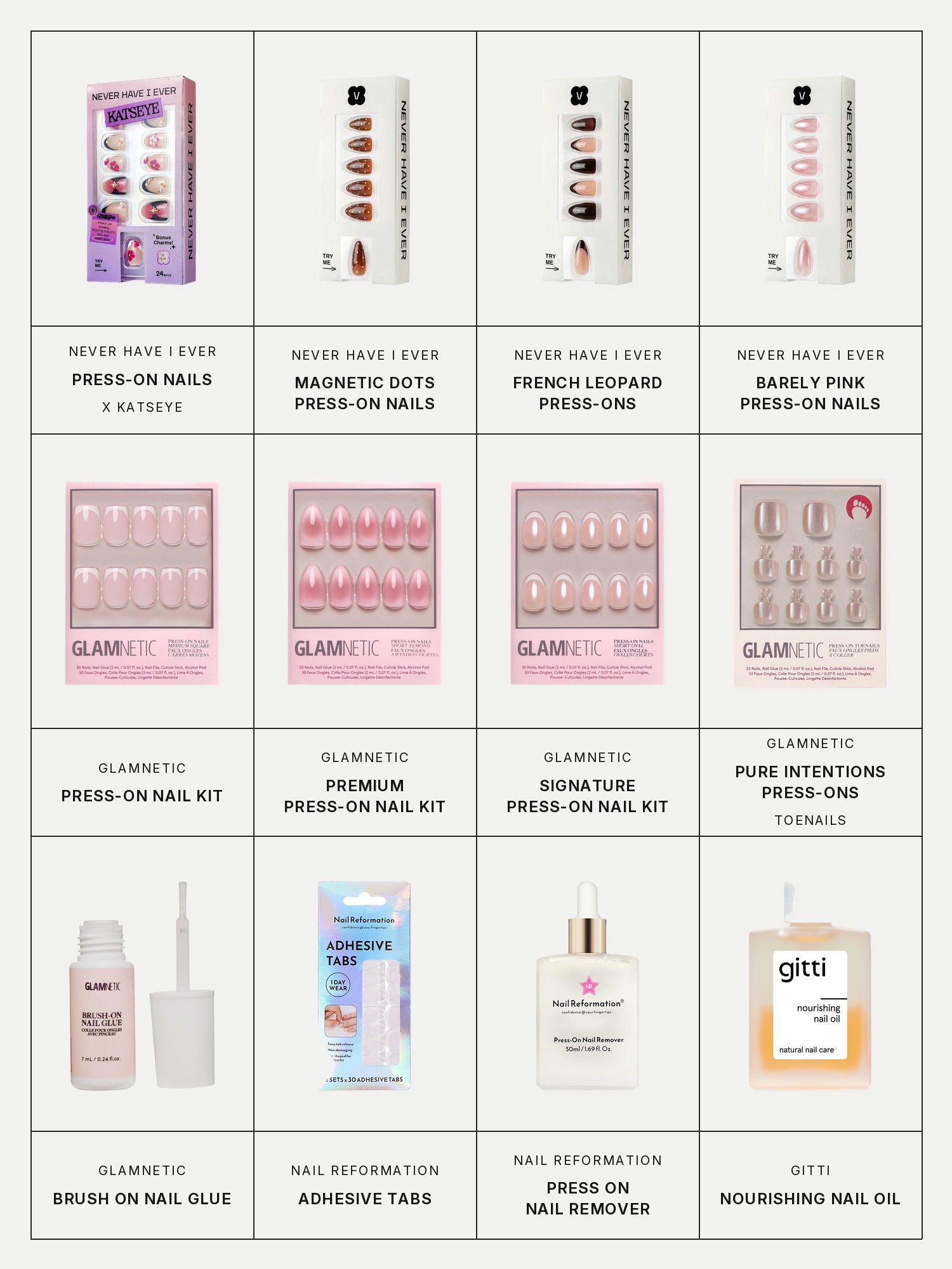 Twelve boxes on a pale grey page, one for each product in this edit, each with its brand and name printed below: Never Have I Ever X Katseye Press-On Nails, Never Have I Ever Magnetic Dots Press-On Nails, Never Have I Ever French Leopard Press-On Nails, Never Have I Ever Barely Pink Press-On Nails, Glamnetic Press-On Nail Kit, Glamnetic Premium Press-On Nail Kit, Glamnetic Signature Press-On Nail Kit, Glamnetic Pure Intentions Press-On Toenails, Glamnetic Brush On Nail Glue, Nail Reformation Adhesive Tabs, Nail Reformation Press On Nail Remover and Gitti Nourishing Nail Oil.