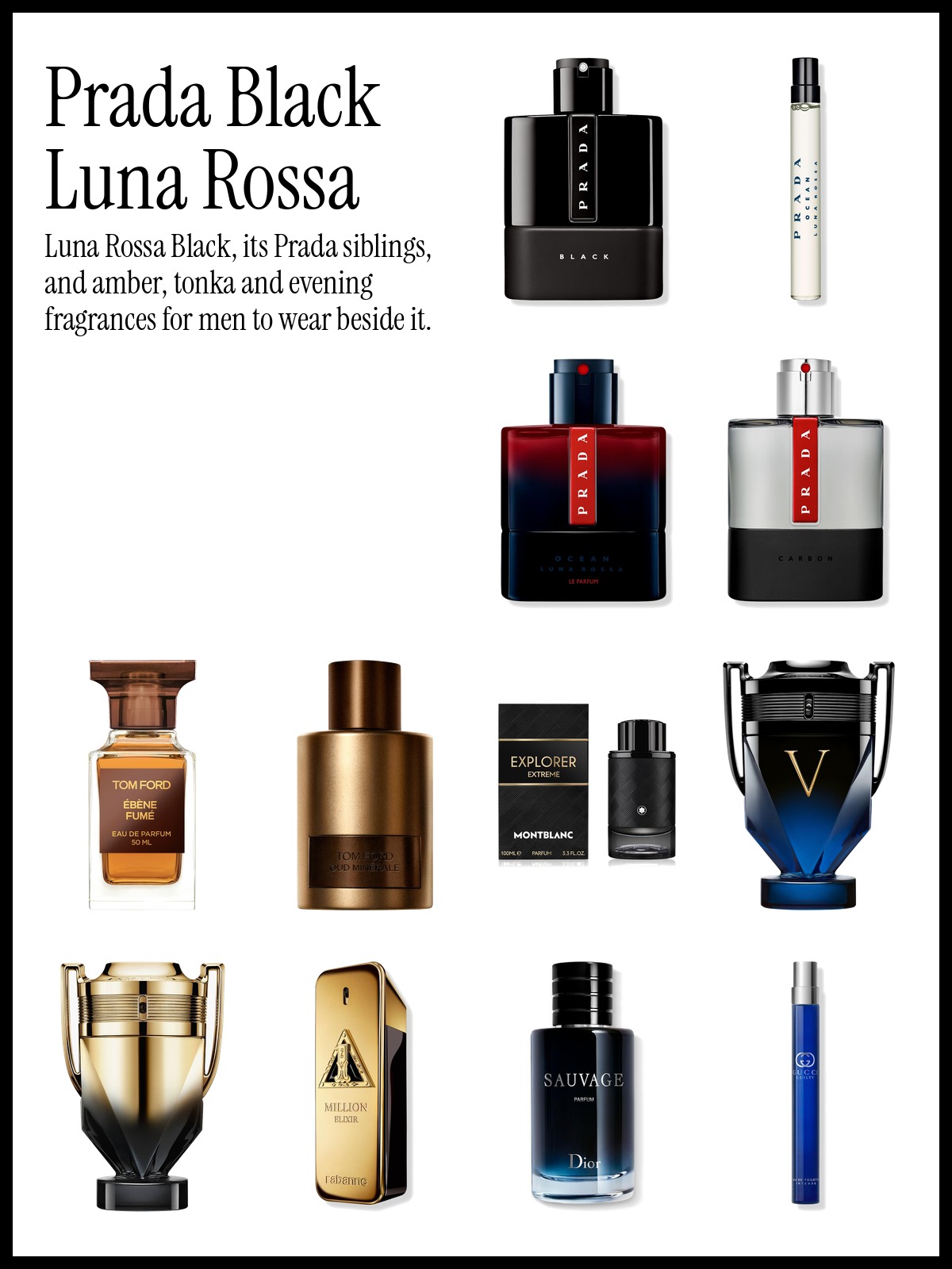 Collage of Prada Luna Rossa Black Eau de Parfum, Prada Luna Rossa Ocean Eau de Parfum and Tom Ford Ebene Fume Eau de Parfum