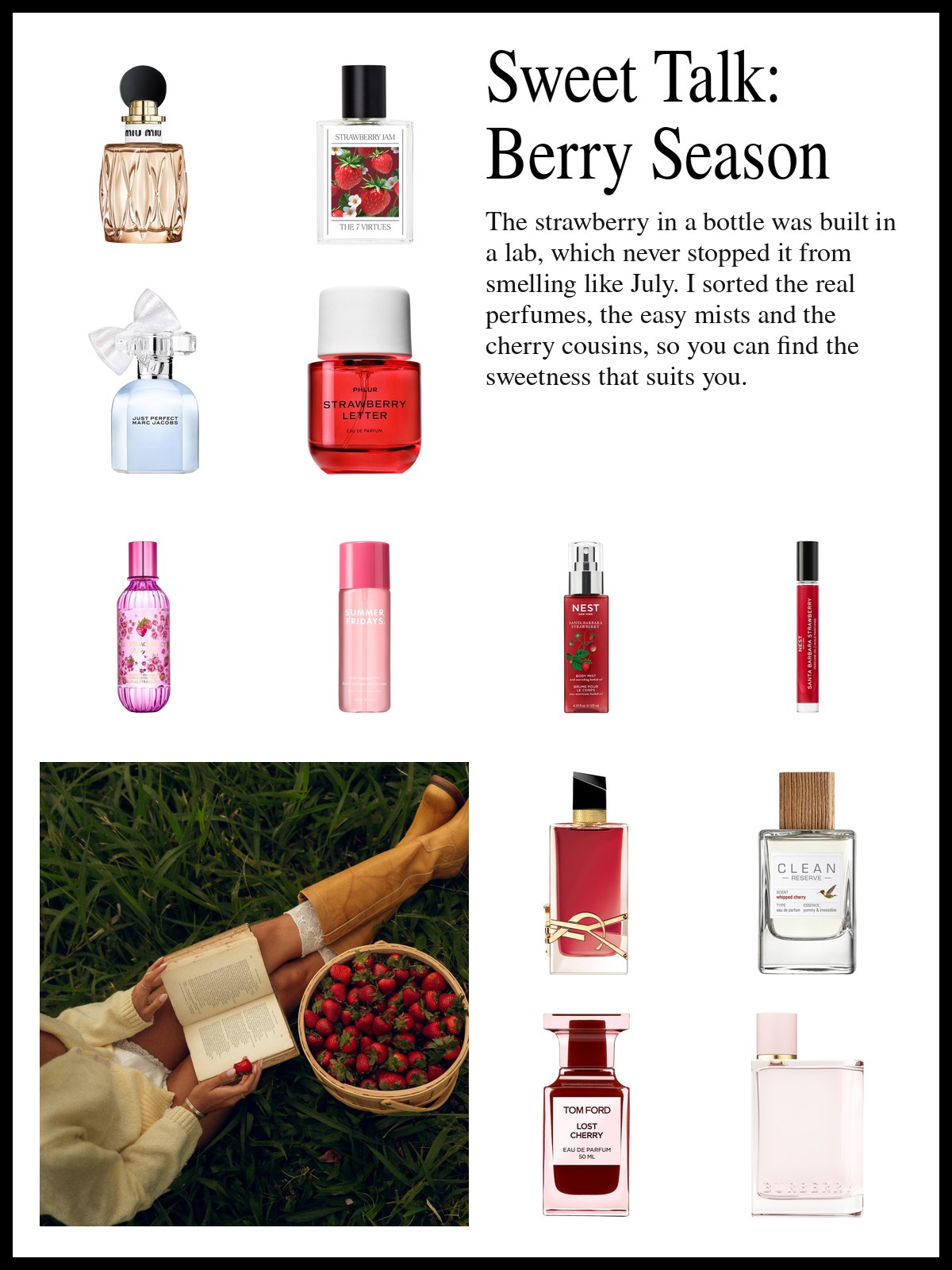 Collage of berry eau de parfum bottles, hair and body mists, a rollerball and cherry fragrances, and a mood photo of a basket of strawberries on the grass beside an open book.