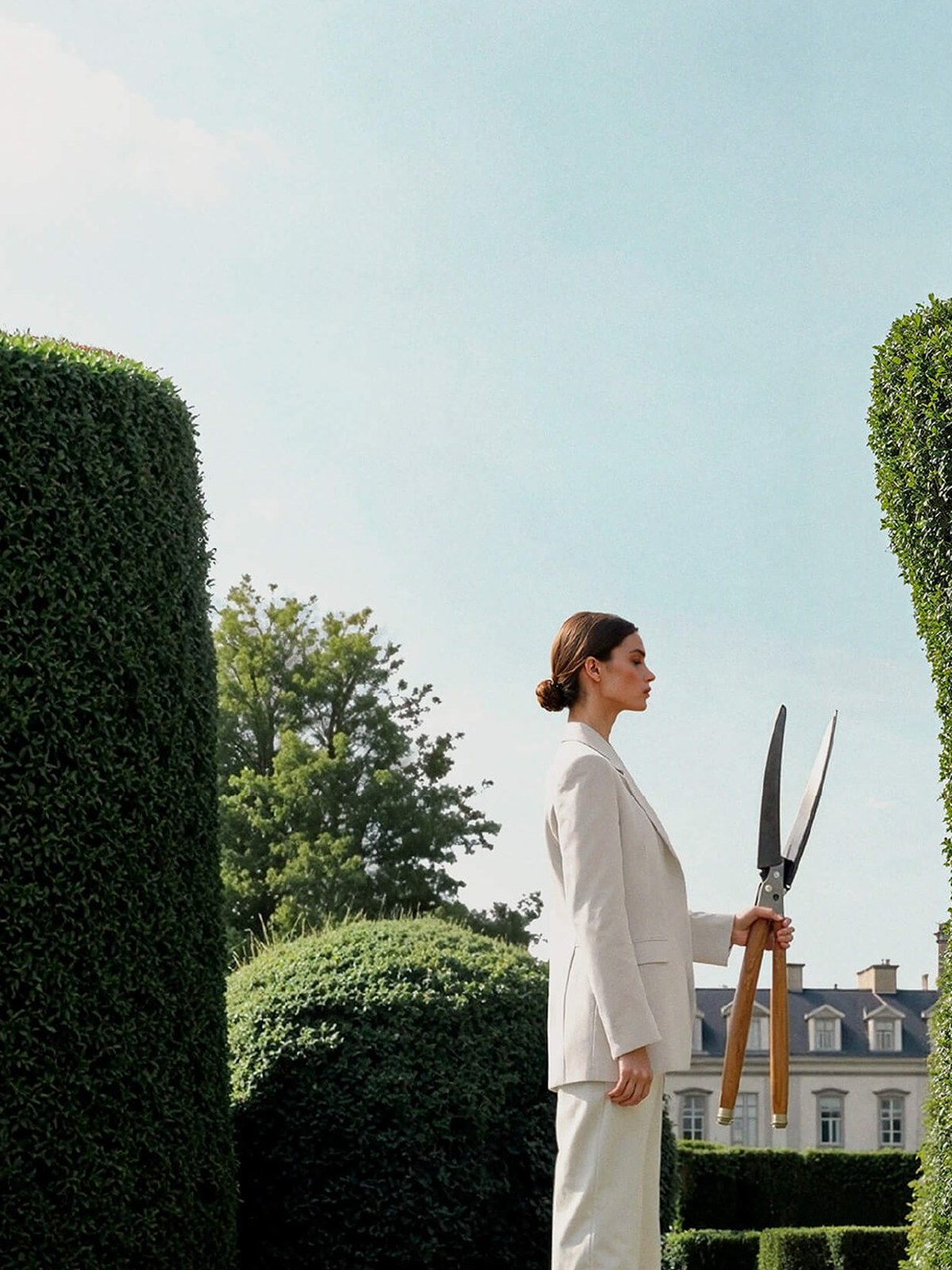 Woman in white beside a giant clipped topiary in a formal French garden